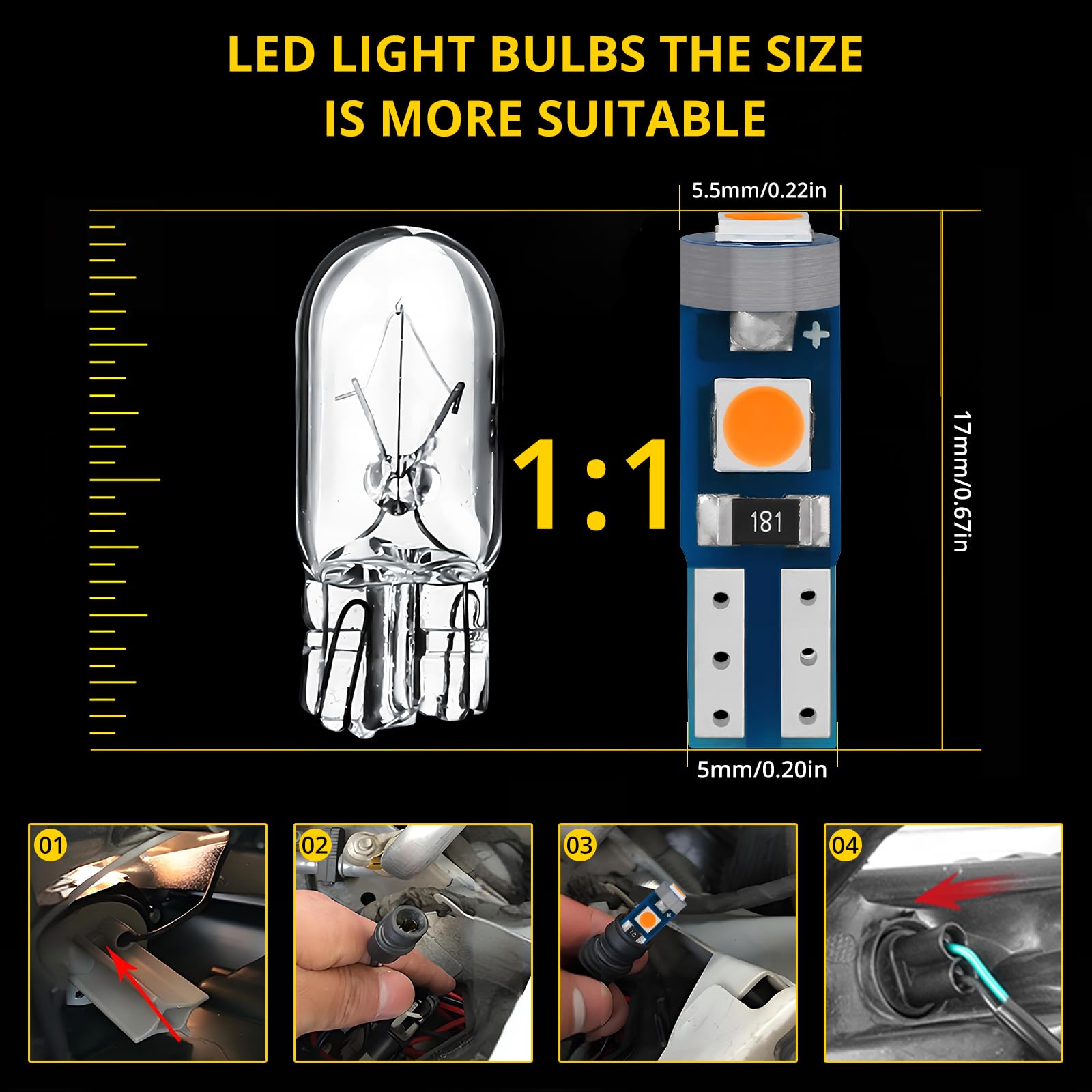 JRQLOV 10PCS T5 PC74 PC37 Socket 3030 37 74 3SMD LED Yellow High Brightness Display Light Bulb for Gear Shift Light Dashboard Instrument Panel Gauge Cluster Light Center Console Light Indicator Light
