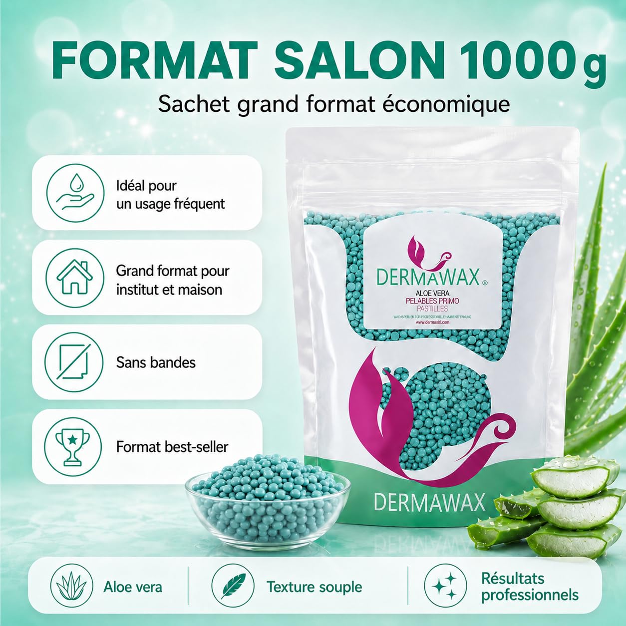 DERMAWAX Perles de Cire Chaude Épilation Sans Bande Aloe Vera 1 kg – Cire Pelable Professionnelle Basse Température, Application Multidirectionnelle – Made in Italy, Peaux Sensibles, Maillot, Visage