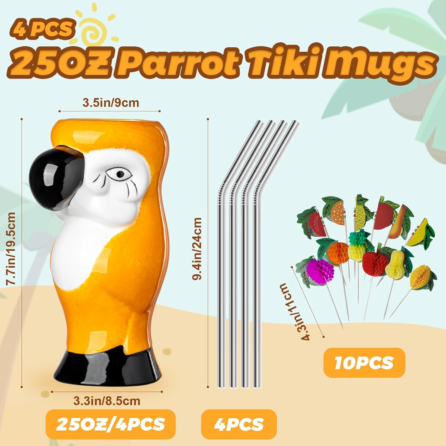 25 OZ Tiki Mugs for Cocktail Set of 4 - Large Ceramic Tiki Cups,Tiki Glasses Cute Exotic Cocktail Glasses, For Hawaiian Party And Tiki Bar - Image 2