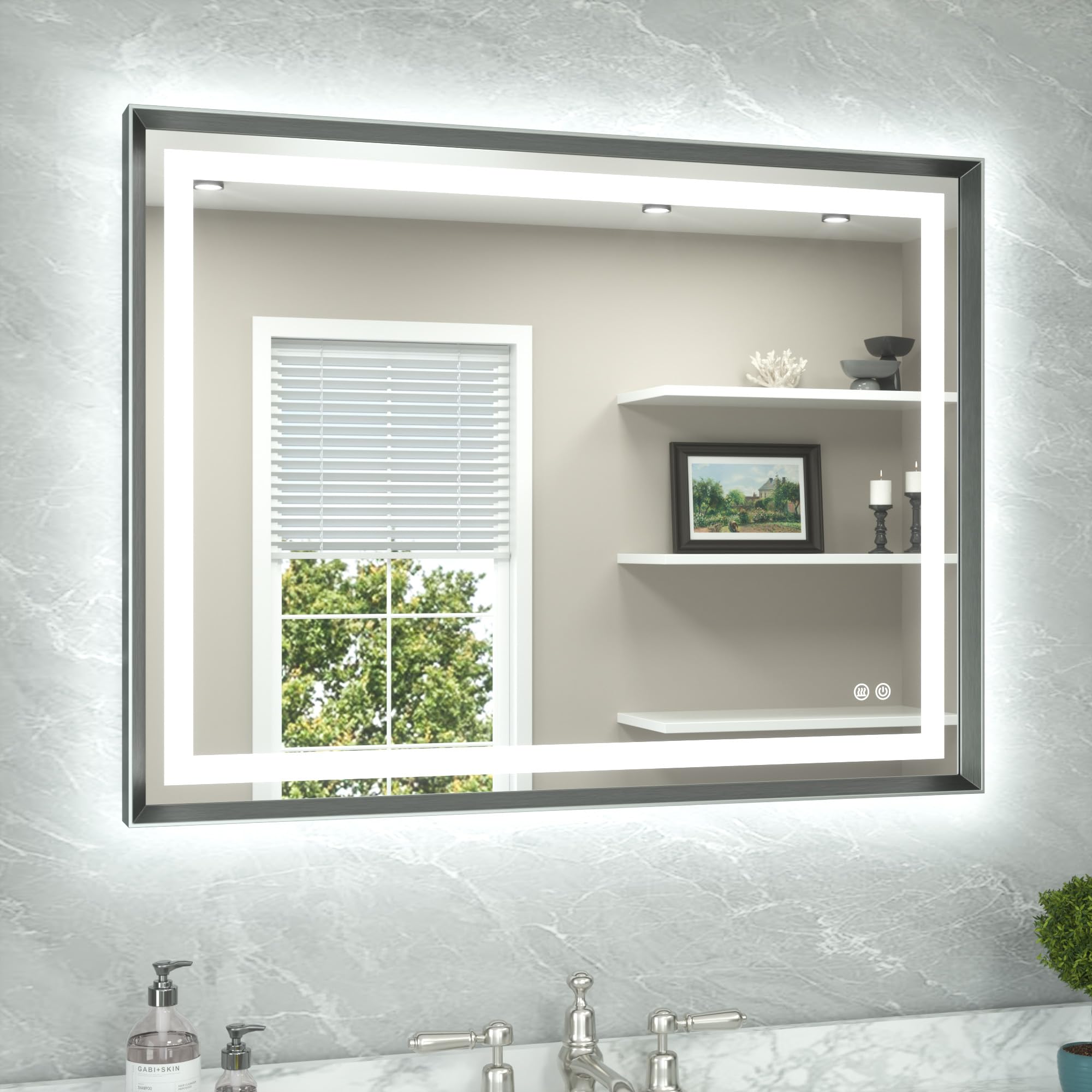 TETOTE Led Bathroom Mirror 40 x 30 with Brushed Gunmetal Gray/Off‑Black Frame Anti-Fog Frontlit &amp; Backlit Vanity Mirror Stepless Dimmable Lighted Mirrors for Bathroom Wall