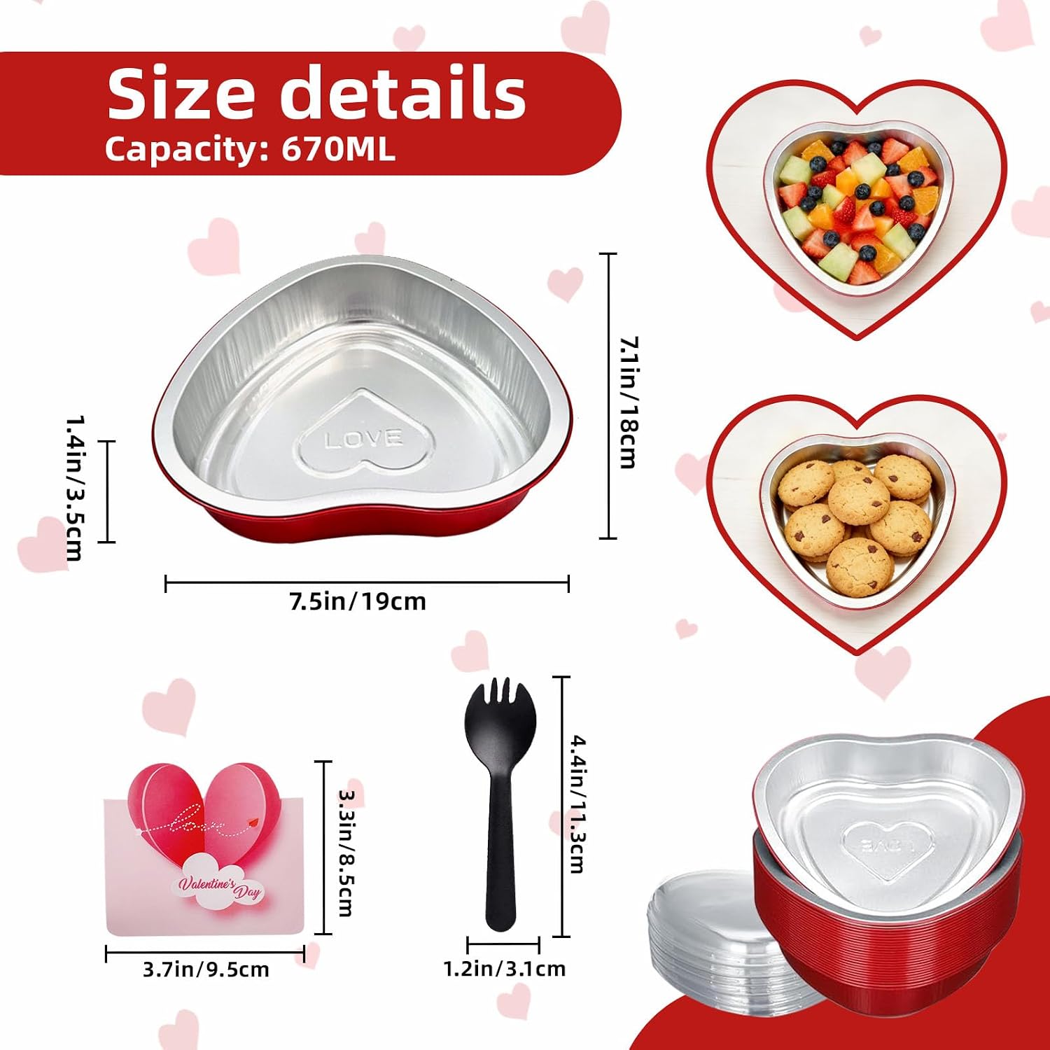 20 Pcs 22oz Heart Shaped Cake Pans with Lids +20 Forks/Spoons +10 Cards, Disposable Aluminum Foil Cupcake Pans, Mini Heart Baking Tins, Baking Supplies for Weddings/Birthdays