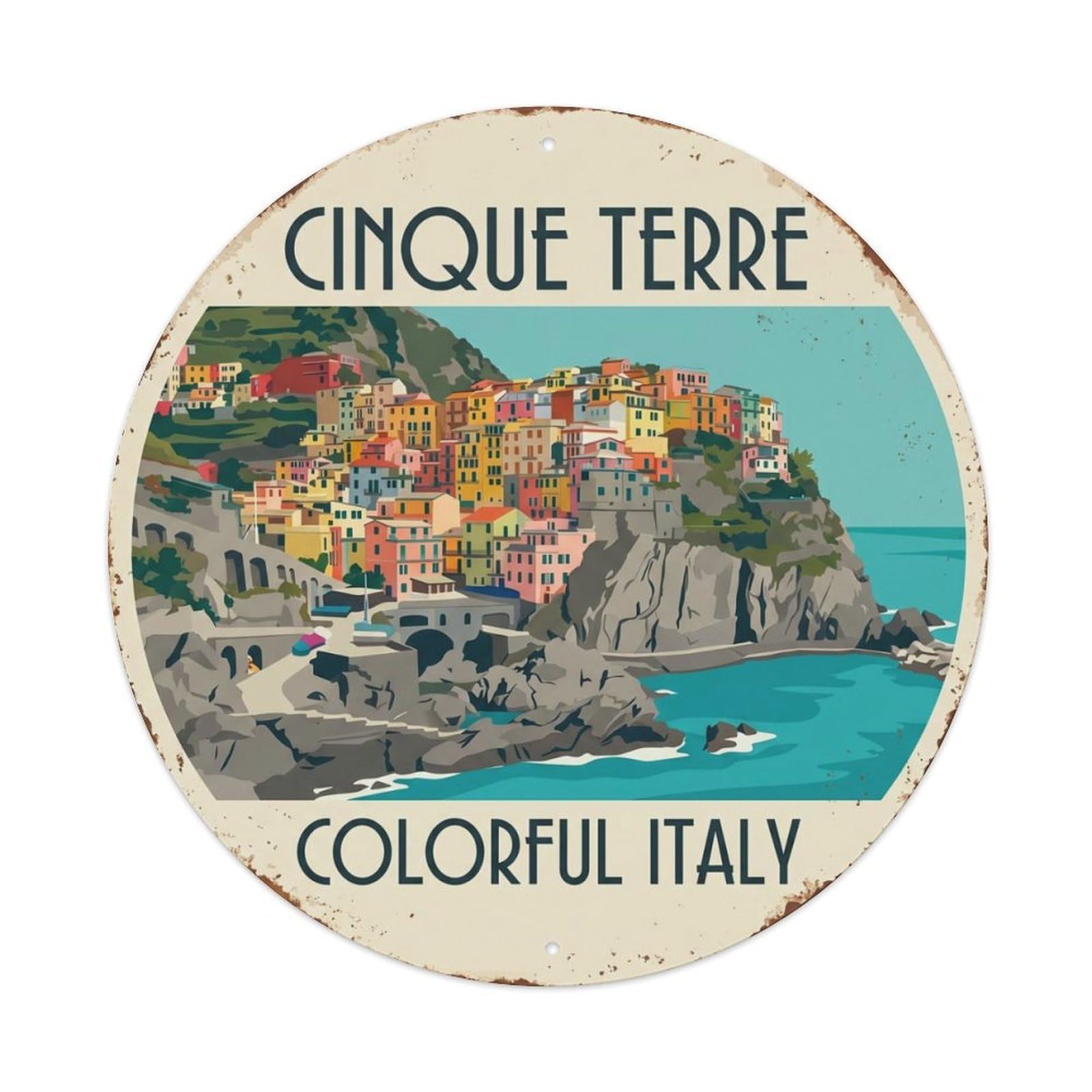 Cinque Terre Colorful Italy Village Metal Tin Sign Plaque Wall Decor for Cafe, Club Bar, Office, Home Garden Round Metal Poster 8x8Inch
