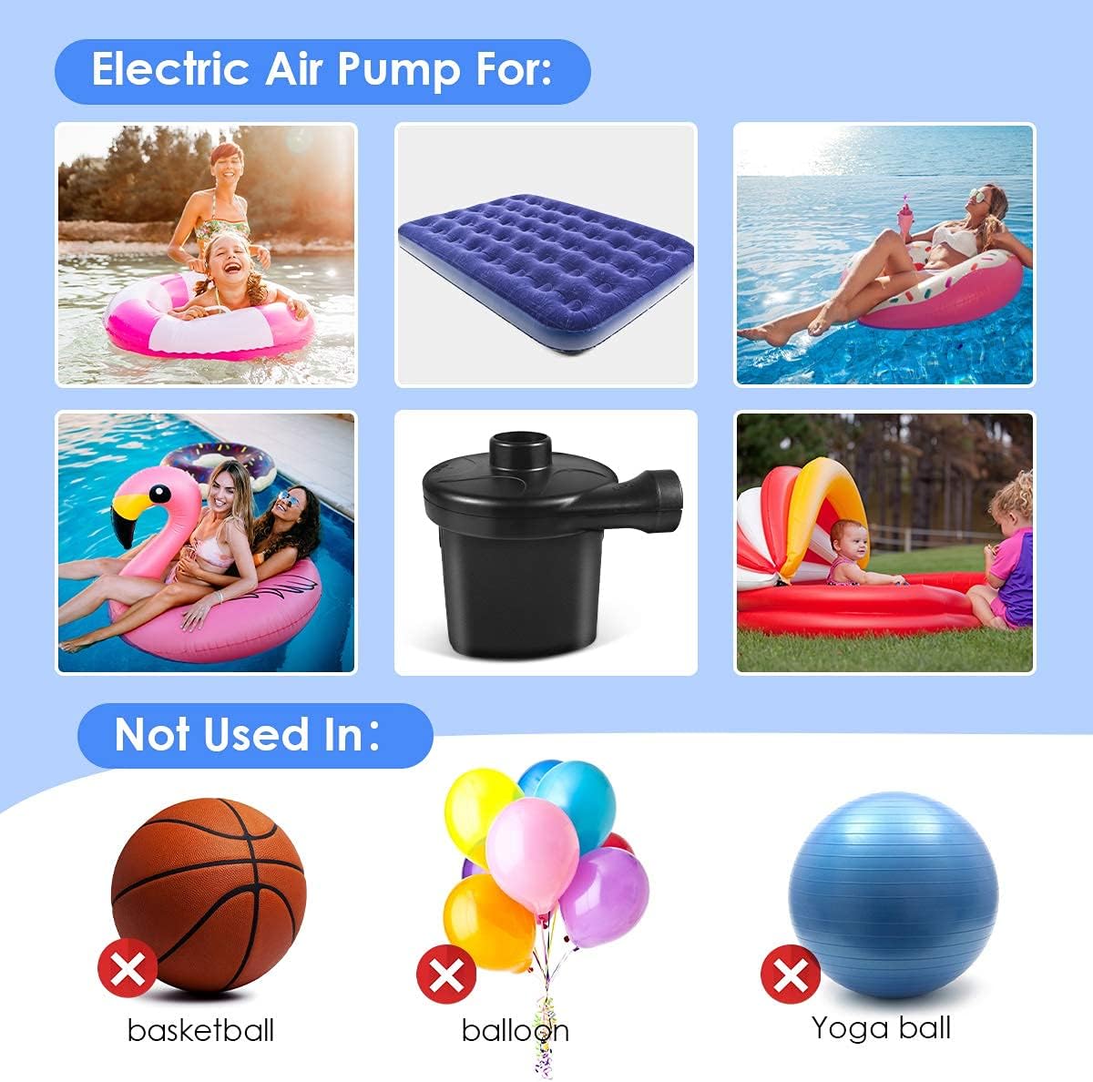Electric Air Pump, High Power Quick-Fill Air Mattress Inflator Deflator Pump with 3 Nozzles for Inflatable Cushions, Air Mattress Beds, Swimming Ring, Inflatable Pool Float, 110-220 Volt, Black : Home & Kitchen