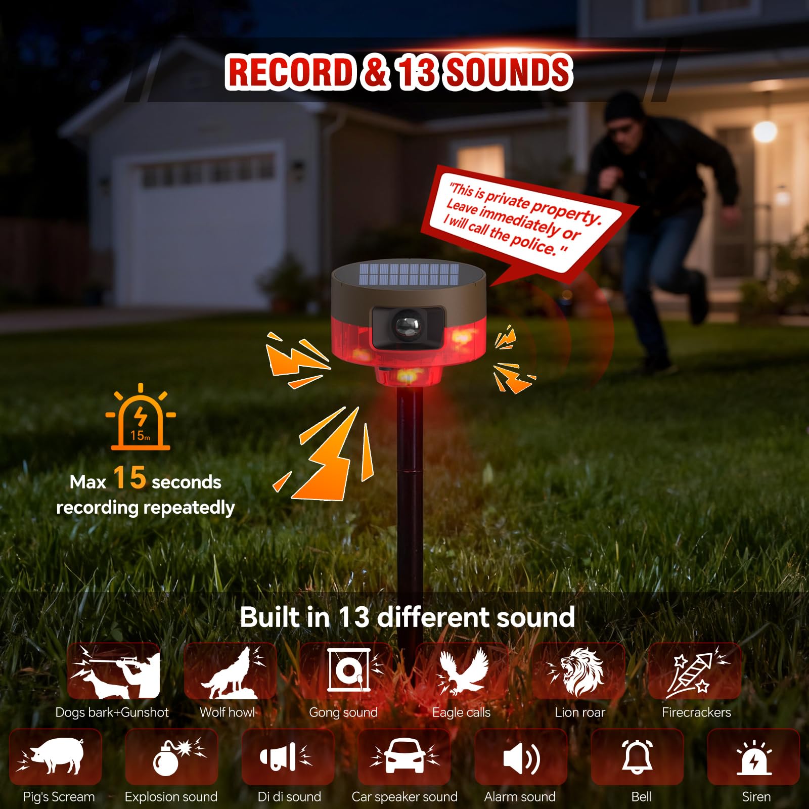 Sensor de movimiento solar para exteriores, alarma de ladridos de perro o sonido de disparo, ruido de 130 dB, 13 sonidos y detector de movimiento de 360°, grabación de alarma, con control remoto para