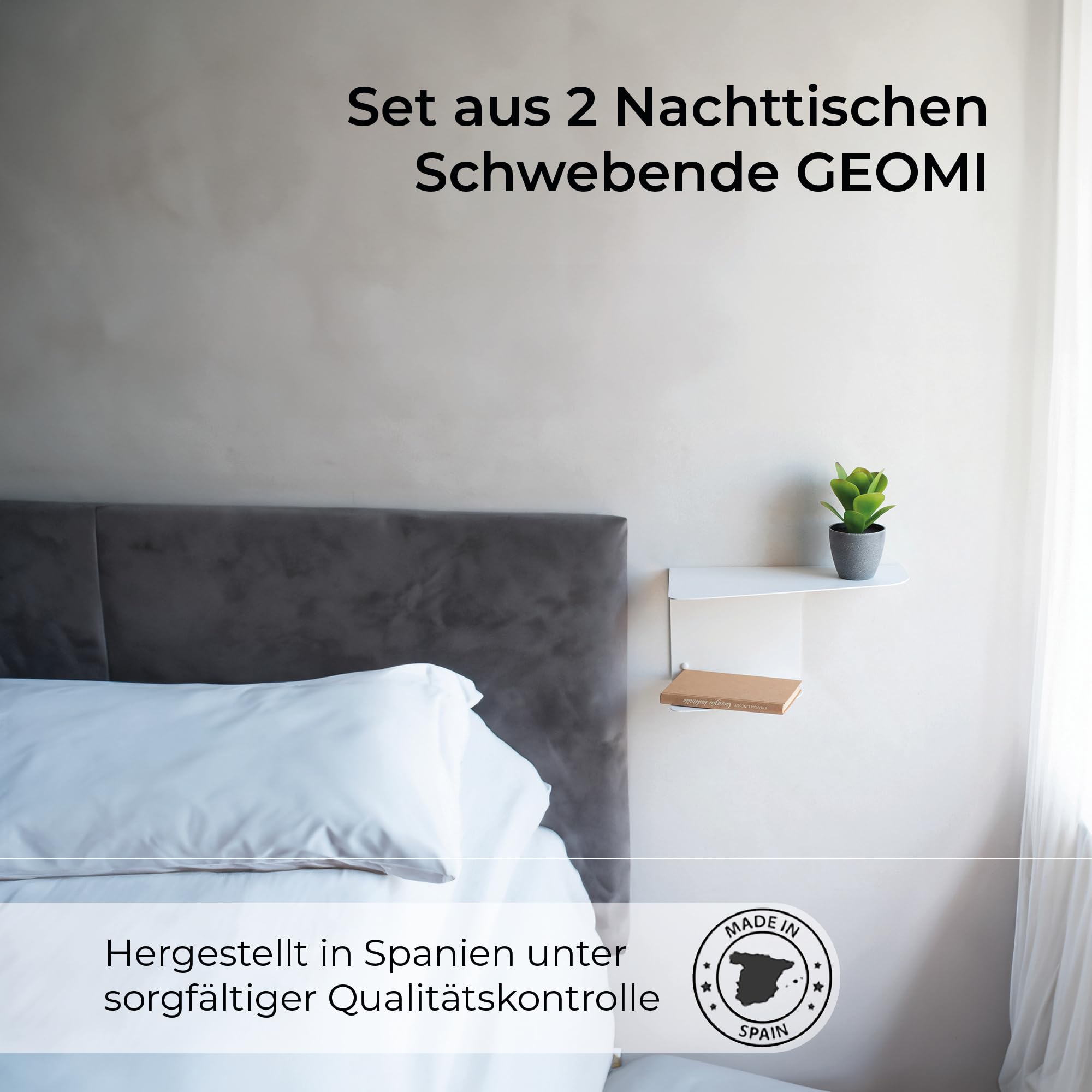MILUKA Schwebender Nachttisch Weiß Metall 2er Set, 40 x 20 cm, mit 2 Ebenen | Nachttisch Hängend für Schlafzimmer & Kinderzimmer, Ideal als Nachtkommode, Sideboard, Kleines Wandregal oder Eckregal