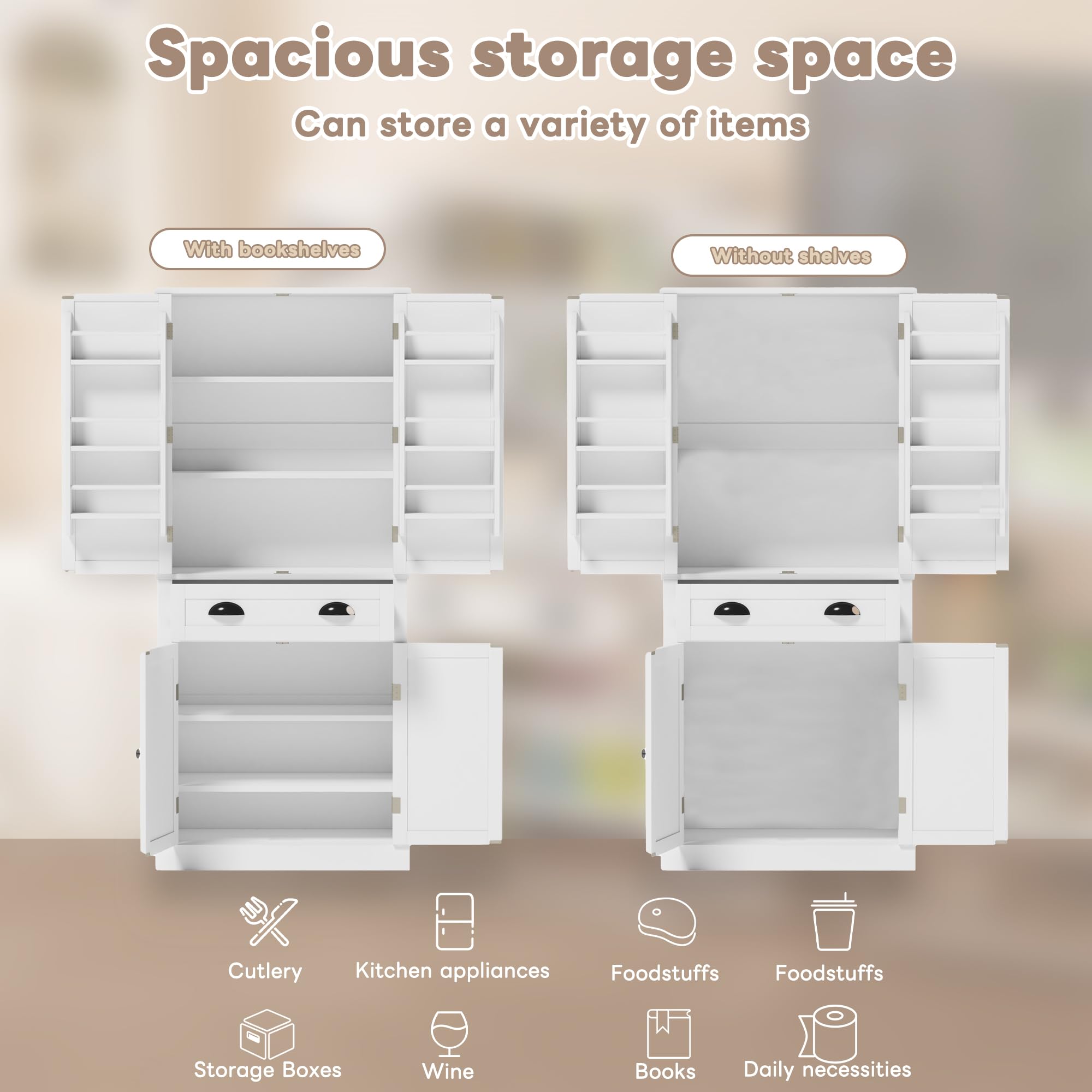 SACOOL Armadietto a 4 ante e 1 cassetto, 2 ante con ripiani, 6 scomparti e 4 ripiani regolabili, adatto per cucina, sala da pranzo e soggiorno, bianco