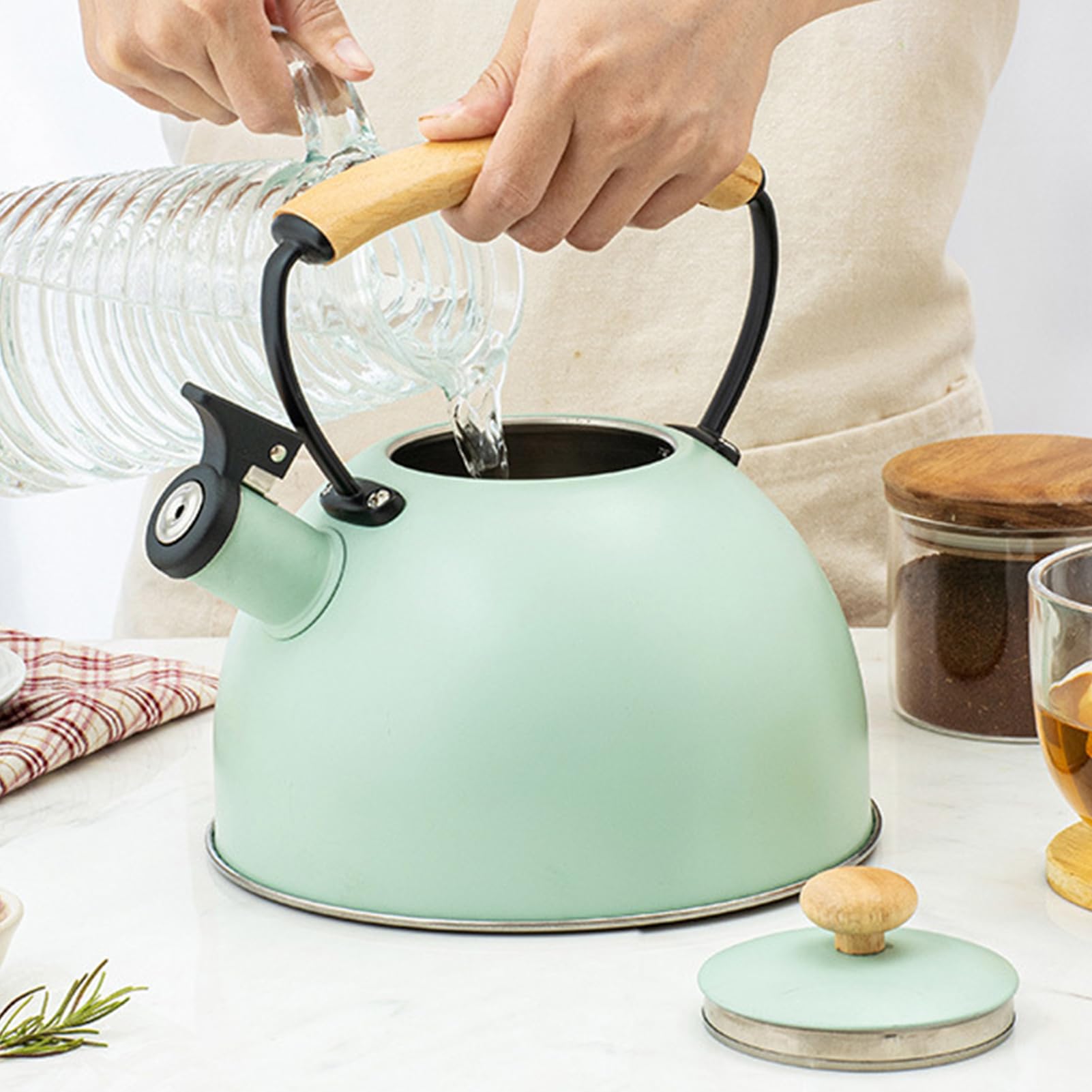 Czajnik do fajki ze stali nierdzewnej, retro z drewnianym uchwytem, pojemność 3 l, dla kuchenek gazowych, indukcyjnych i innych