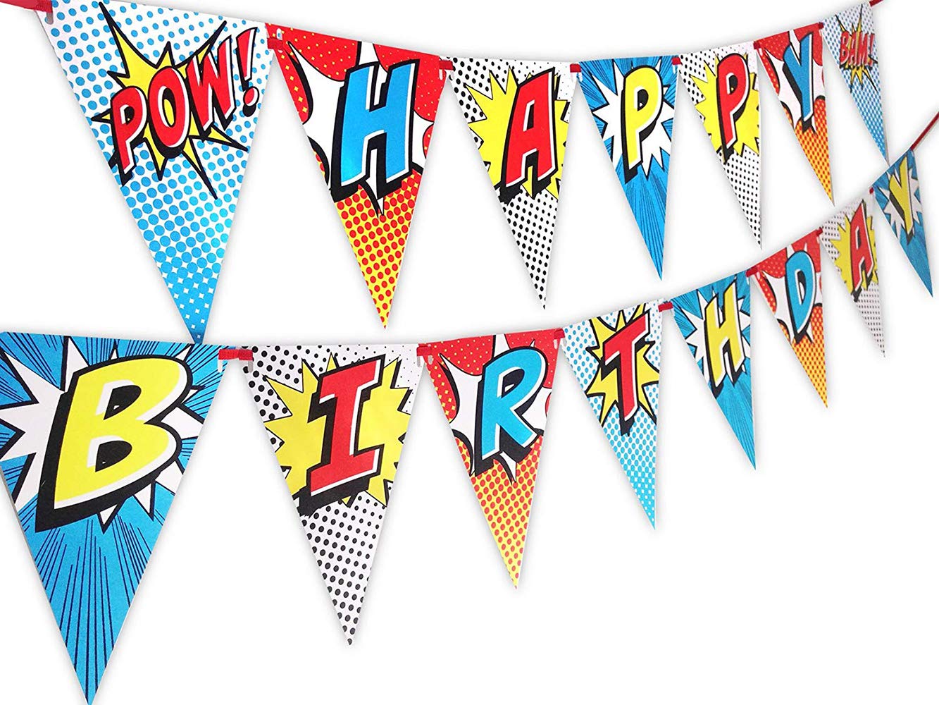 Superhero Pre-Strung Happy Birthday Banner Pennant - Superhero Party Supplies - Superhero Decorations - Red