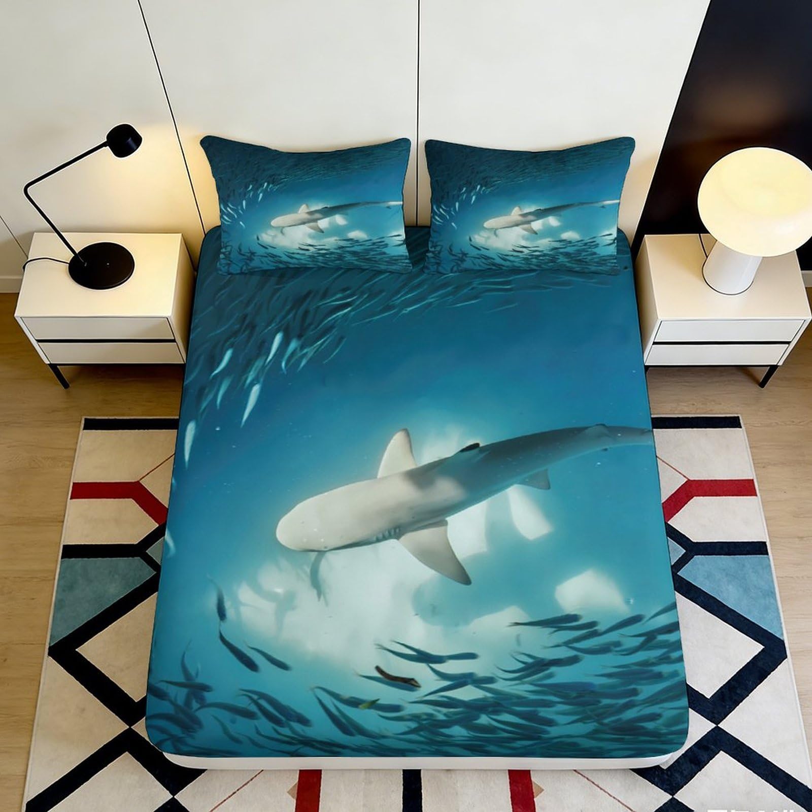 Uxinyoume Style-5 3D Printed Ocean Shark Fitted Sheet Microfiber Soft Anti-Slip Blue Sea Fish Mattress Cover For Bedroom Guest Room Decor 90X200x25cm