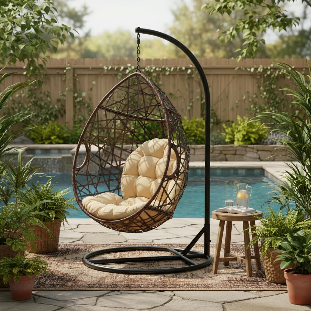 Christopher Knight Home Casie PE Rattan Hanging Egg Chair with Cushion, Outdoor Hammock Chair with Stand, Metal Frame Garden Hanging Chair and Teardrop Shape, Modern Patio Decor, Brown + Black
