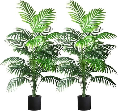 2 plantas artificiales grandes de 4 pies, palmeras artificiales, hojas de palmera tropicales, plantas de palmera sintética, árbol alto para