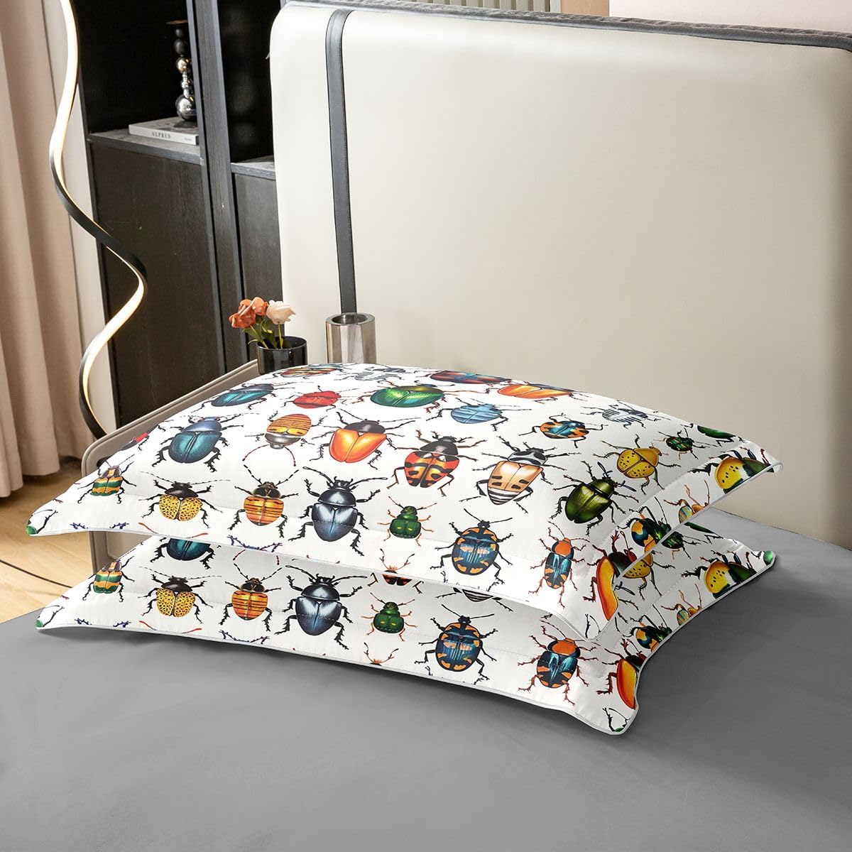 Erosebridal Colorful Beetle Bedding Set Queen Insect Reptile Animal 100% Cotton Duvet Cover Realistic Bugs Comforter Cover for Kids Girls Boys Adults Rustic Nature Animal Bedclothes 3 Pcs