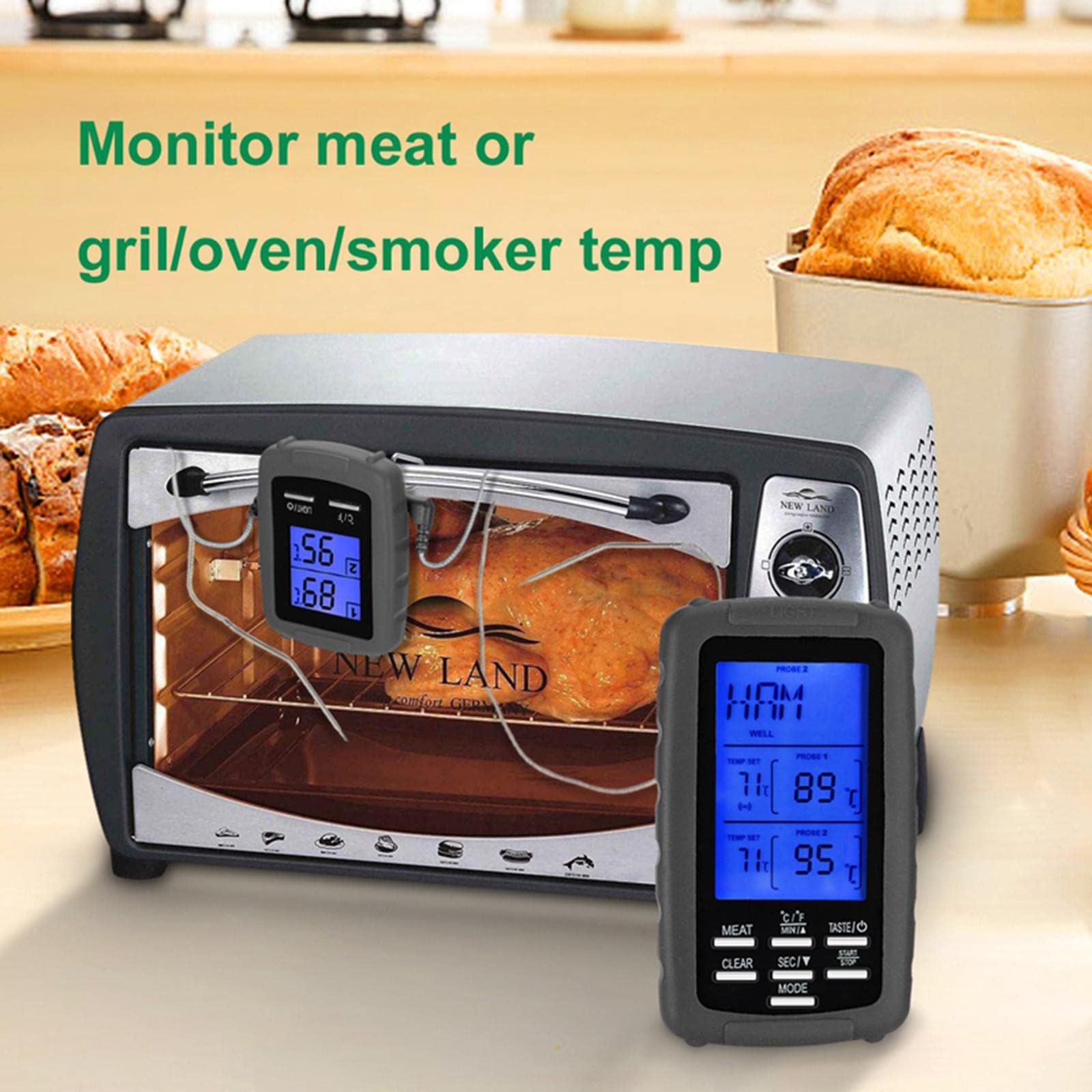 BBQ Thermometer mit Drahtloser Fernbedienung Und Edelstahl Sensoren Zur Überwachung von Grill Und Fleisch Wasserfest Alarm bei Überhitzung Fü, Grau