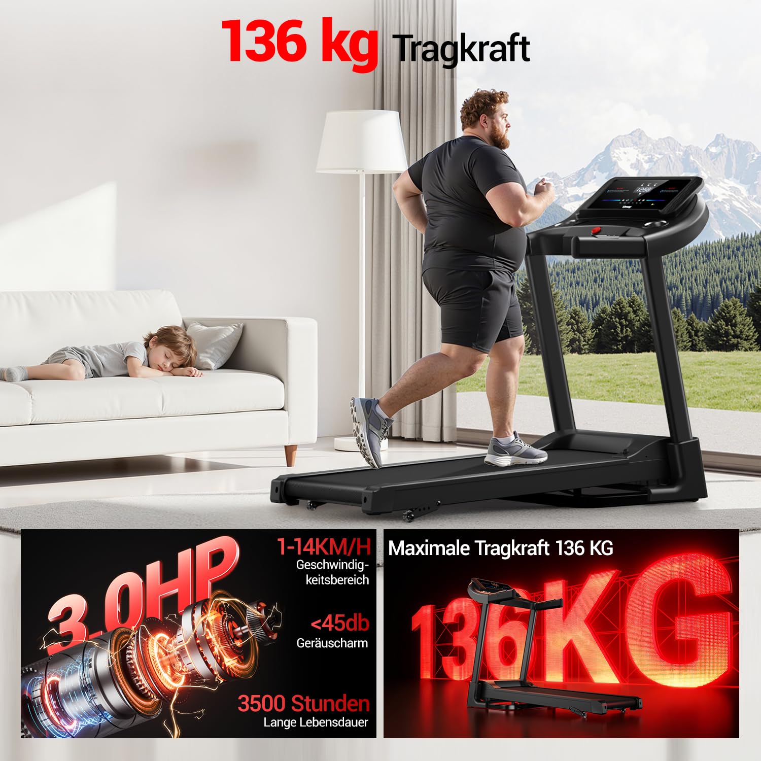 CURSOR Laufband für Zuhause mit 20% Automatischer Steigung, 14 KM/H | 14 KM/H Laufbänder mit 4-stufig verstellbarer Konsole, 3.5 HP Treadmill for Home mit LED-Anzeige, Max. 180 KG