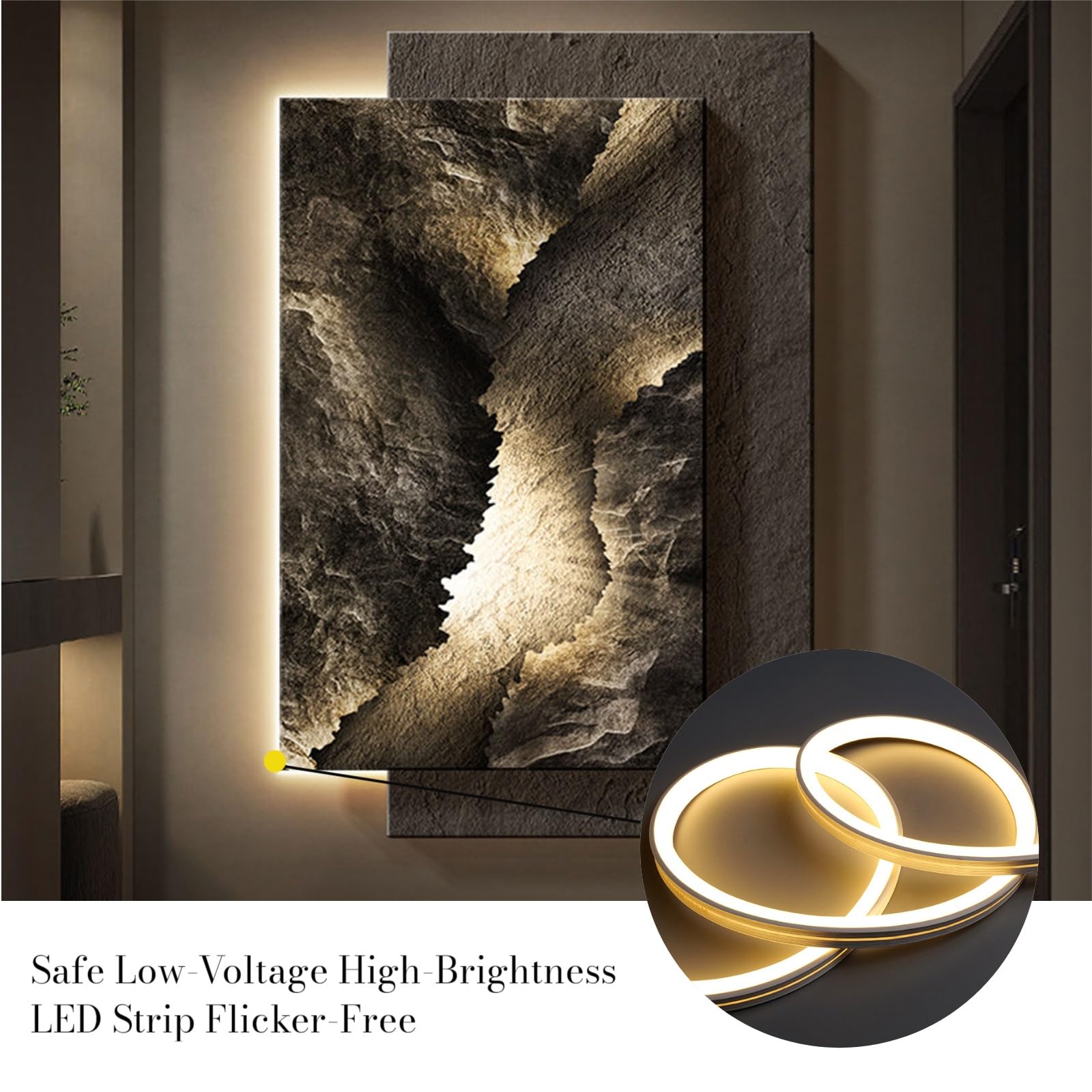 OECETCAWKD Sandstein 3D Vision Wandbild mit LED Beleuchtung, Wandskulptur Rahmenlos mit Fernbedienung, Wanddeko Moderne Abstraktes Gemälde für Wohnzimmer Flur(A,60 * 80CM/23.6 * 31.5IN)