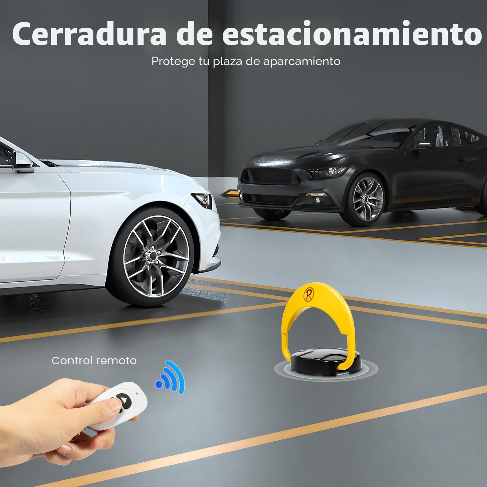 Cepo Para Plaza de Garaje con 2 Mandos a Distancia y Tira Reflectante, Plegable Barrera de Aparcamiento, Poste de Estacionamiento Teledirigido, Cierre de Aparcamiento, Anticolisión
