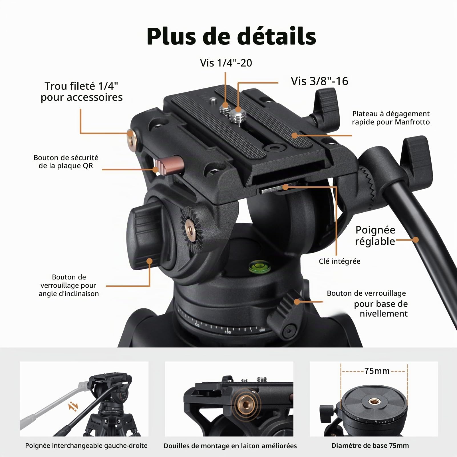 Cayer Trépied vidéo Robuste, 64 Pouces BV30-Caméscope Trépied en Aluminium, Tête Fluide K3, Écarteur de Niveau intermédiaire, Charge maximale 13,2 LB, Prise de Vue DSLR