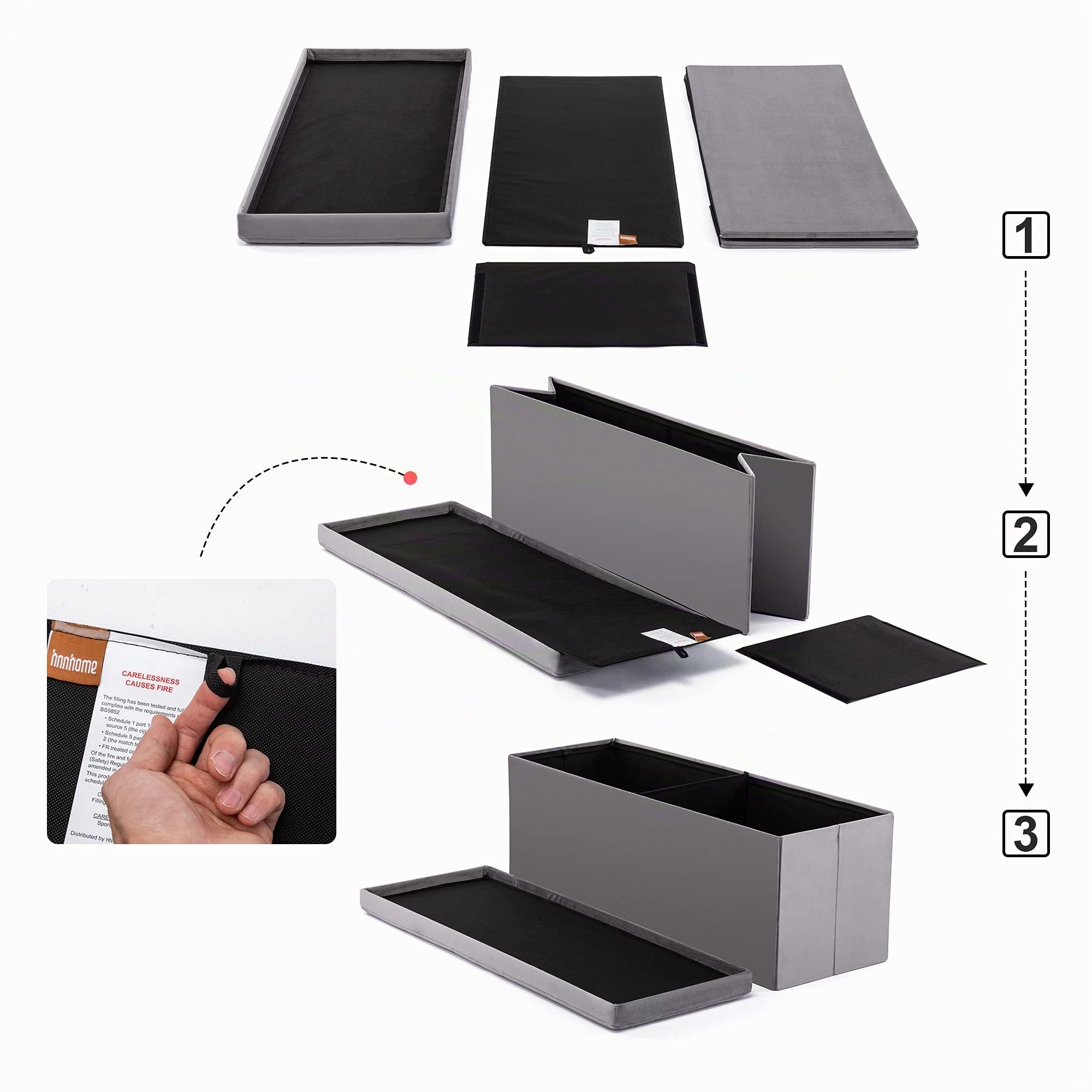 Hnnhome, pouf pieghevole in velluto da 110 x 40 x 40 cm con coperchio, poggiapiedi, contenitore per soggiorno, camera da letto (grigio, XL)