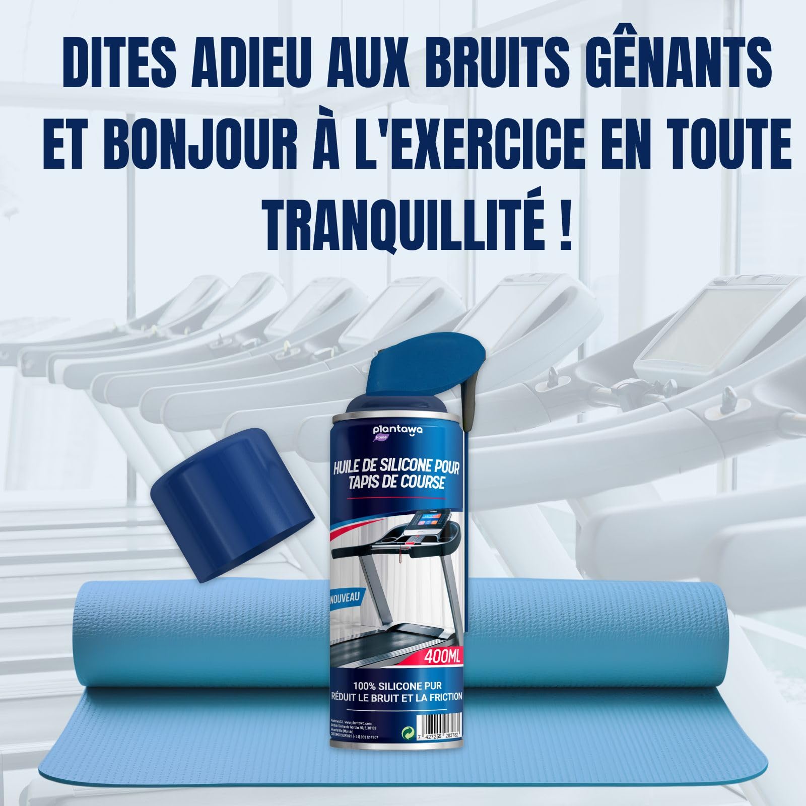 Plantawa Spray lubrifiant pour tapis de course 400 ml | Lubrifiant en silicone pour tapis de course. Idéal pour gymnases, tapis de course. Application précise. Convient à tous les tapis de course.