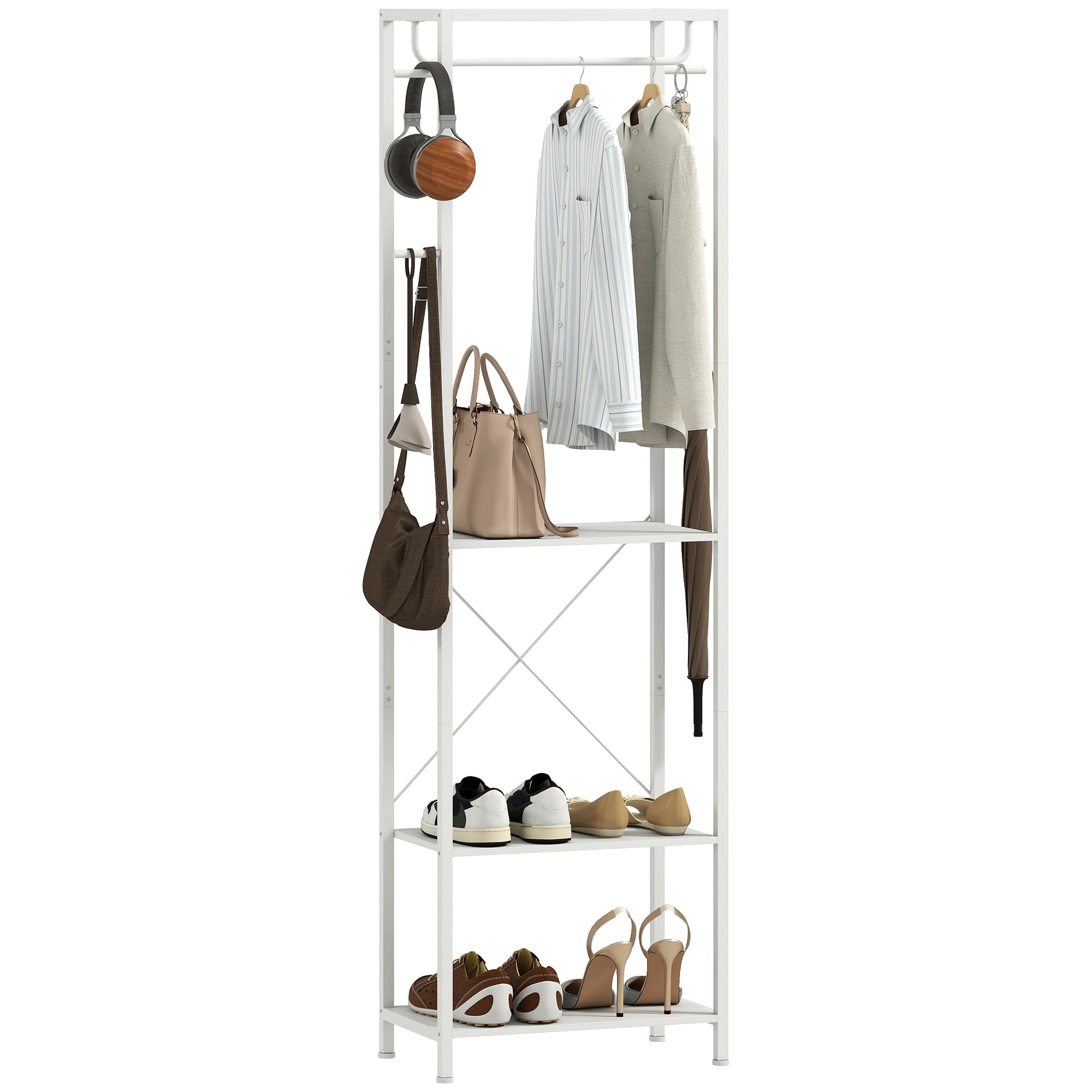 HOMCOM Appendiabiti da Ingresso con Scarpiera, Attaccapanni con Barra Appendi Abiti, 4 Ganci, Ripiano Superiore e 2 Mensole Porta Scarpe, 52x30x180 cm, Bianco