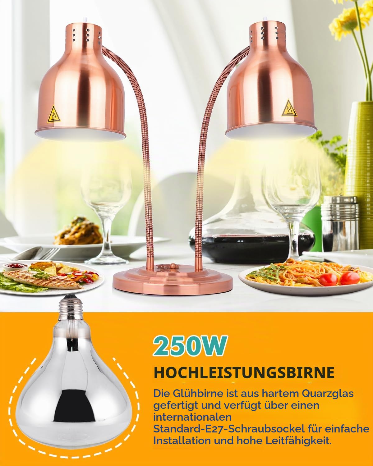 YJINGRUI Zweiflammige Wärmelampe Küche 500W, 70cm Verstellbarer Flexarm