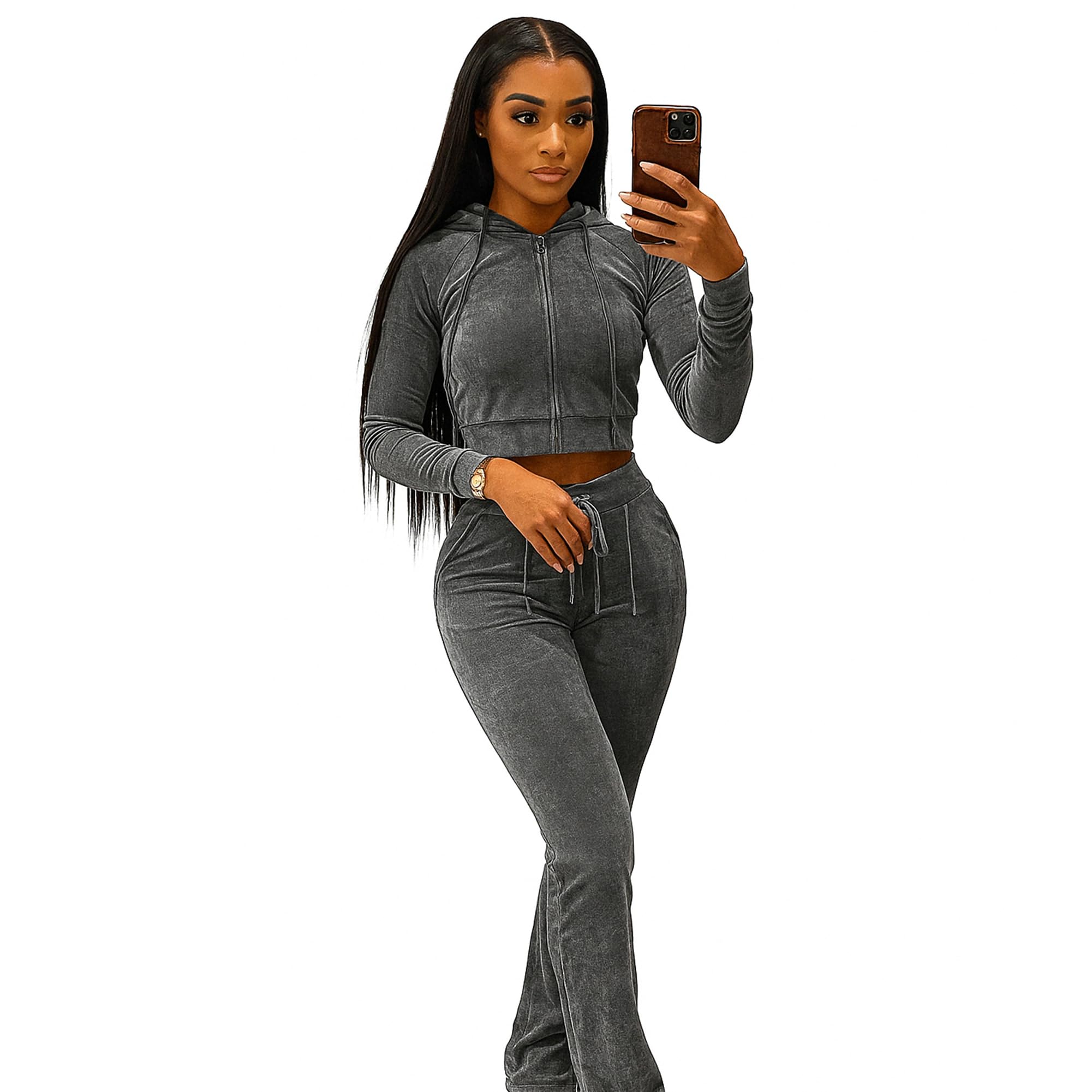yidengymx Womens Velour Tracksuit Two Piece Outfits for Women Long Sleeve Hooded Zip Crop Tops Flared Pants Set