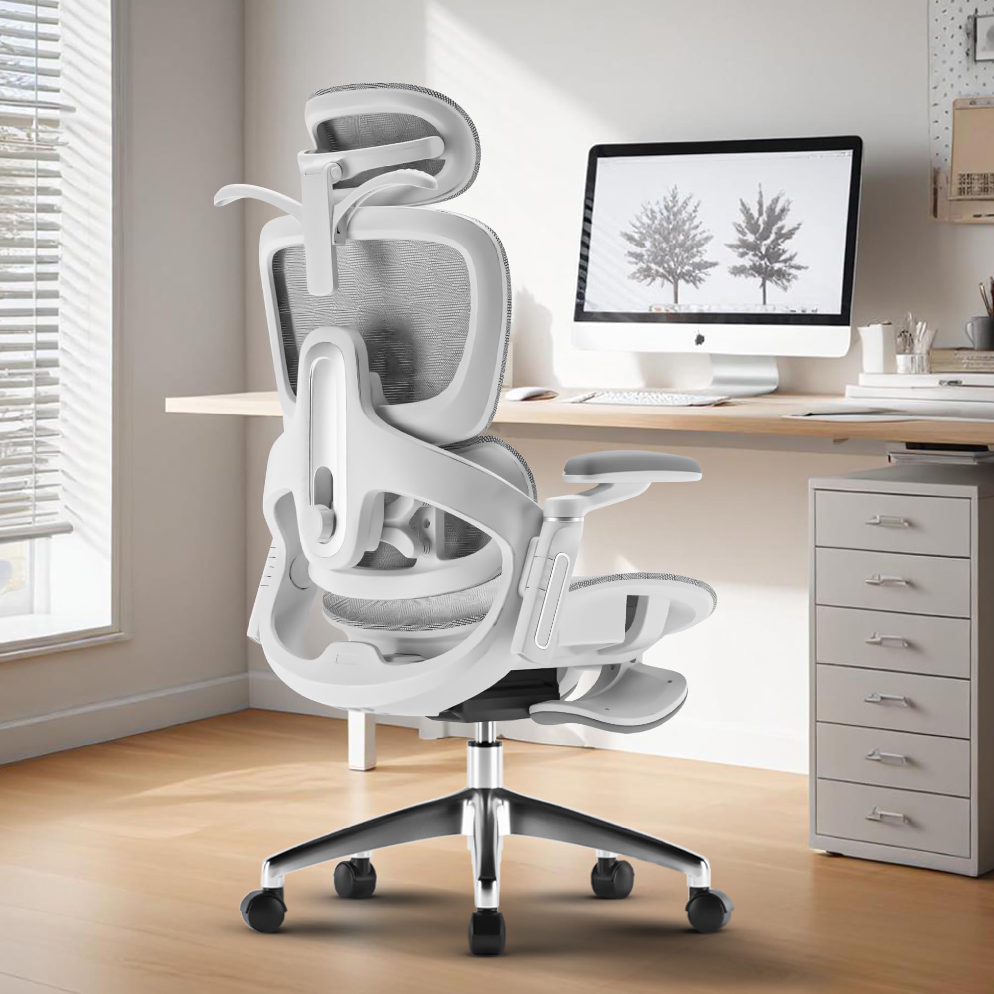 DROGO Ergonomic Office Chair for Work from Home, Chair for Study with Breathable Mesh, Adjustable Seat, 6D Armrest, 4D Headrest & Lumbar Support | Gaming Chair with Footrest & Recline (White)