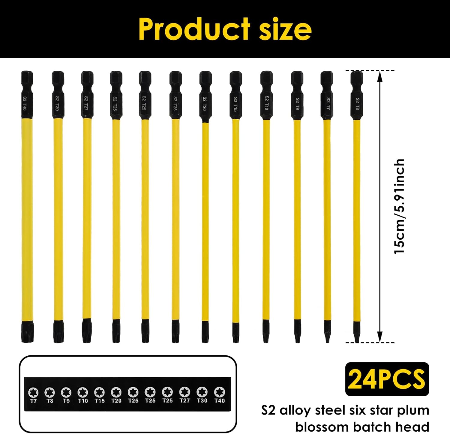 24Pcs Extra Long Torx Bit Set, 6-Inch (150mm) Torx Screwdriver Set, T7 to T40, Magnetic S2 Steel, 1/4" Hex Shank, CNC Precision Tips for Impact Drivers, Drills, Screwdrivers