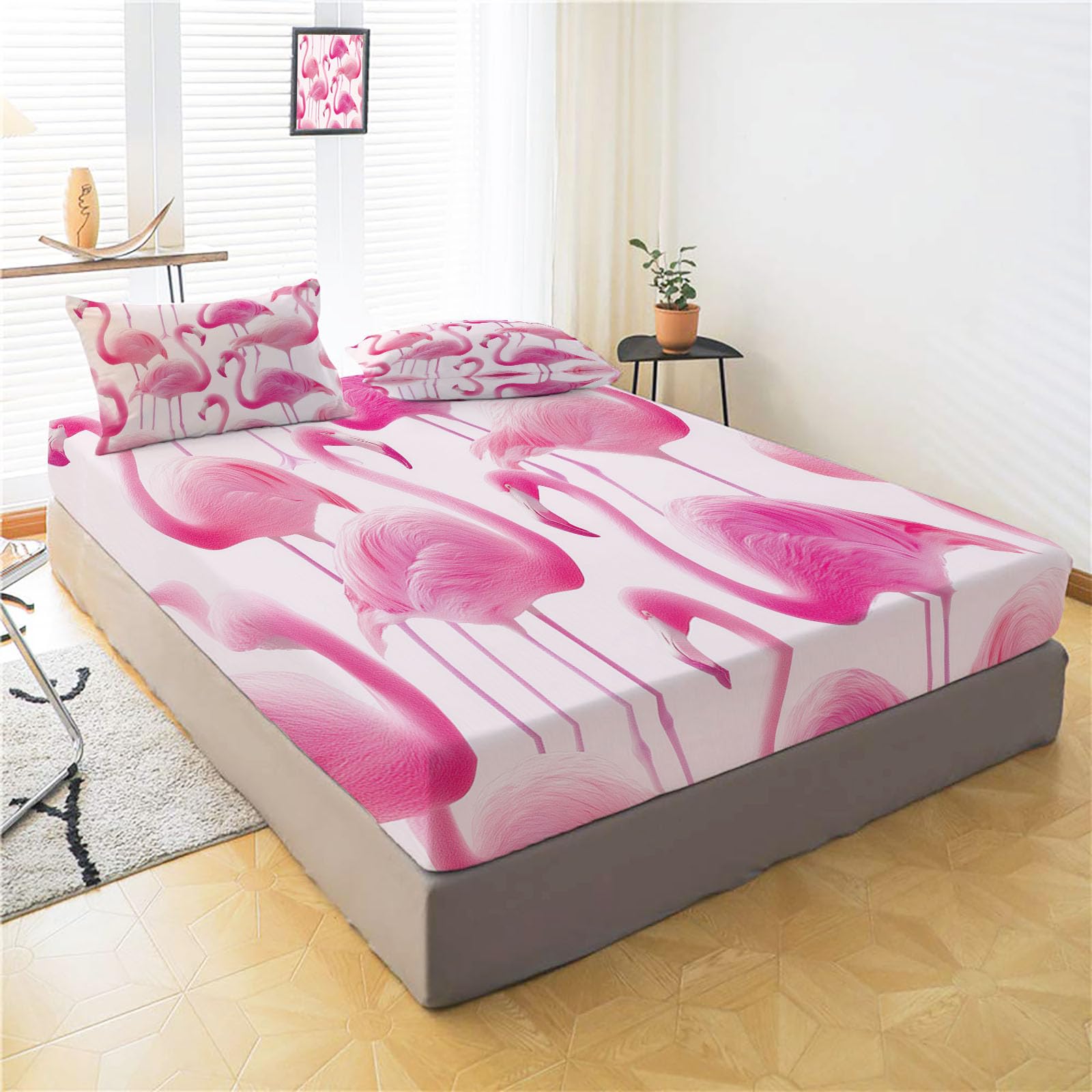 Drap Housse 180X200Cm Bonnet 30 Cm - Flamant Rose Aquarelle Animal Fantastique De Lit 3 Personnes Doux Confortable en Microfibre - Lot De 1 Draps Housses Rose Blush avec 2 Taie d'oreiller
