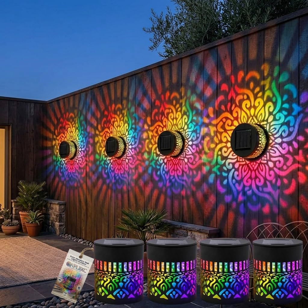 Solar Mandala Lights Outdoor Wall Projector 7 Colors Fence Night Lighting Decor Waterproof Metal Disk Boho Deck Step Stair Art Lamp gift for Garden Post Patio Backyard Yard Landscaping Decorative