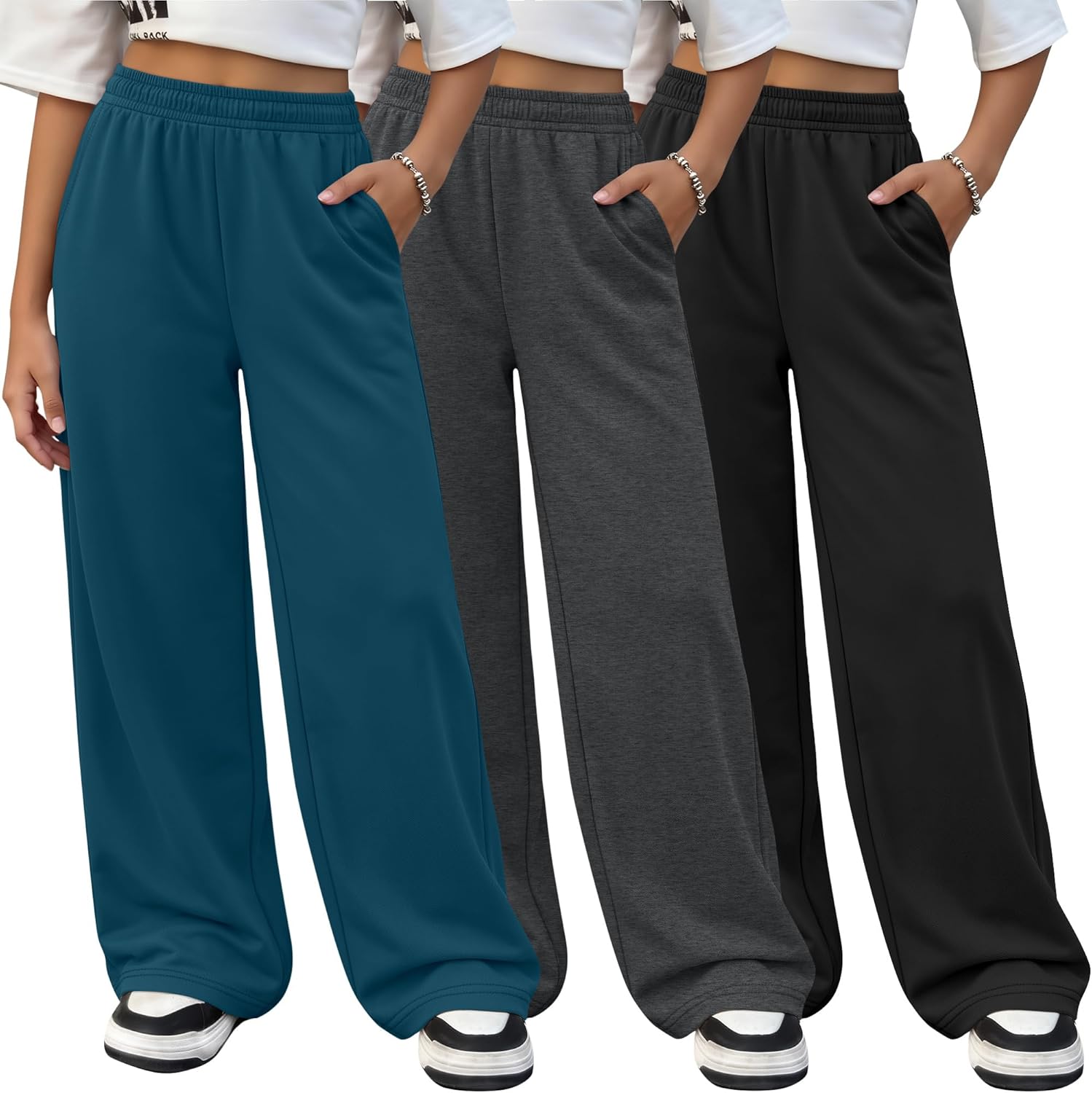 3 Pack Girls Wide Leg Sweatpants Kids Lightweight Joggers Open Bottom Baggy Pants Athletic with Pockets