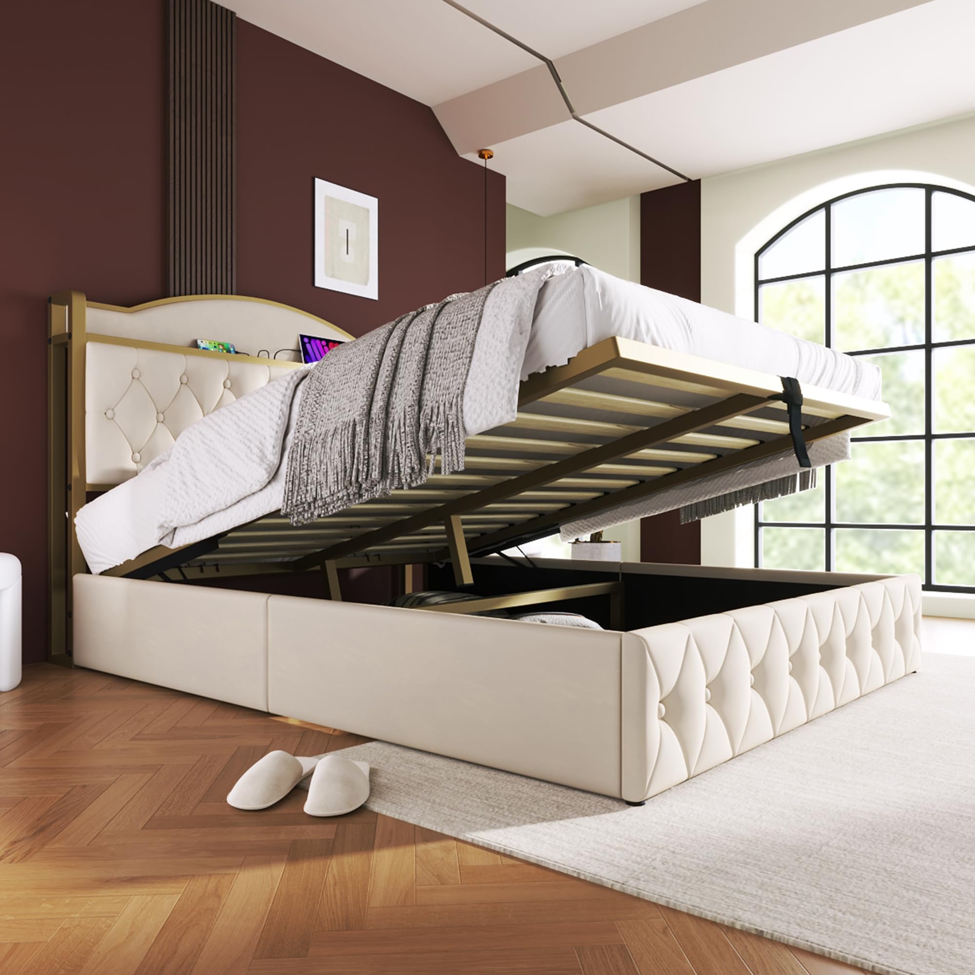 Letto Matrimoniale Imbottito Con Meccanismo Idraulico 160 X 200 Cm Con Moderna Rete A Doghe In Metallo E Vano Contenitore Per Ragazzi E Adulti Grigio Con Materasso 88545100