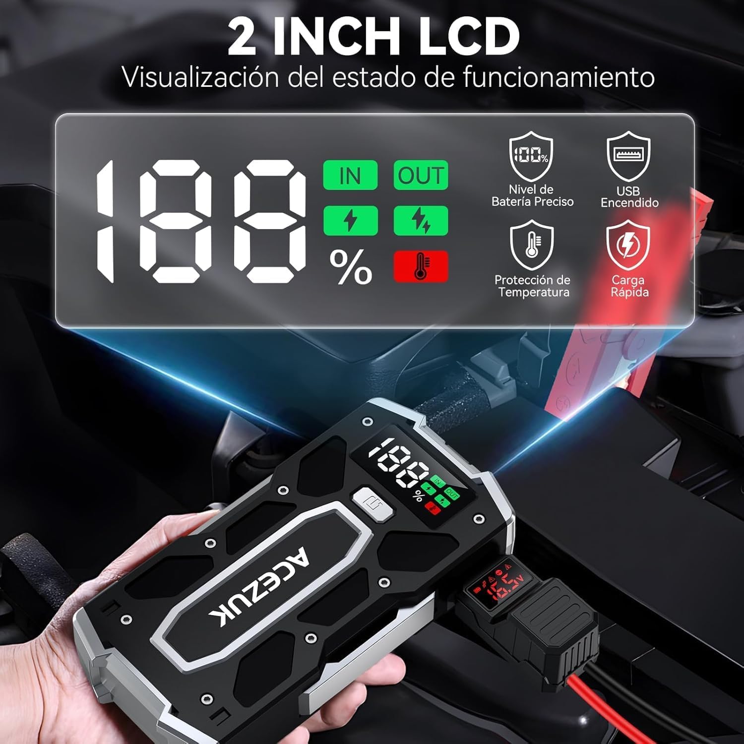 ACEZUK Arrancador de Coches 9000A, Arrancadores de Bateria de Coche Portátil(hasta 8.0L de diésel o 10.0L de Gasolina), 12V Jump Starter, Pinzas Inteligentes con Pantalla, Luz LED, Puerto QC3.0