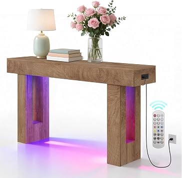63-Inch Long Console Table with Colorful LED Lights, Wooden Rectangular Sofa Table with Charging Station & 6-Color Multi-Functional Light, Accent Tables for Hallway, Entrance, Foyer