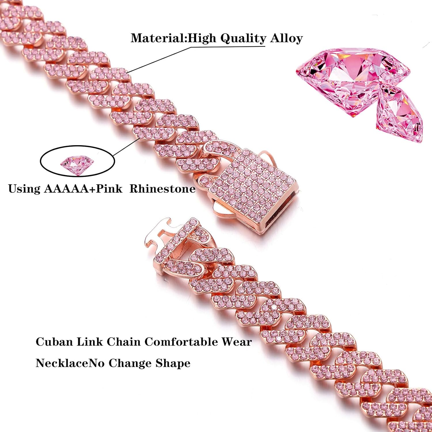 HIPBLING Women Cuban Link Chain Choker Necklace Pink Rhinestones Miami Cuban Necklace 12mm 16 inch Iced Out Chain Bling Hip Hop Jewelry for Womens Gift - Image 3
