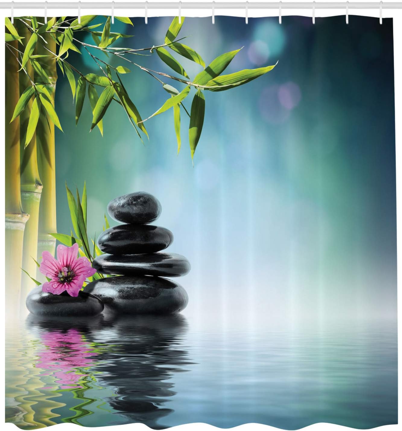 ABAKUHAUS Peace Garden Shower Curtain, Pink Flower Spa Stones and Bamboo Tree on the Water Relaxation Theraphy Peace - Image 3
