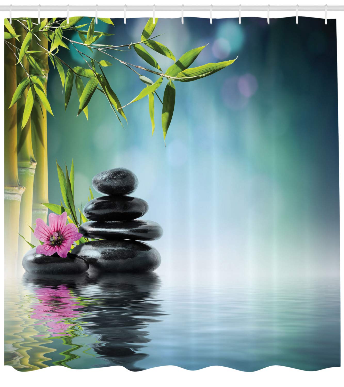 ABAKUHAUS Peace Garden Shower Curtain, Pink Flower Spa Stones and Bamboo Tree on the Water Relaxation Theraphy Peace - Image 2