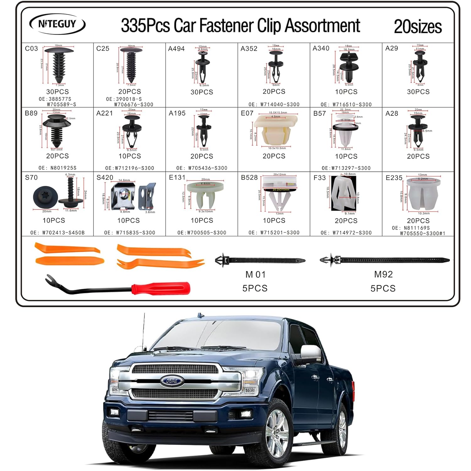 335Pcs Ford F150 Car Retainer Clips & Fastener Assortment - 18 Most Popular Sizes for Ford F150 Body Interior and Exterior Retainer Fastener Clips with 10 Cable Ties and Fasteners Remover