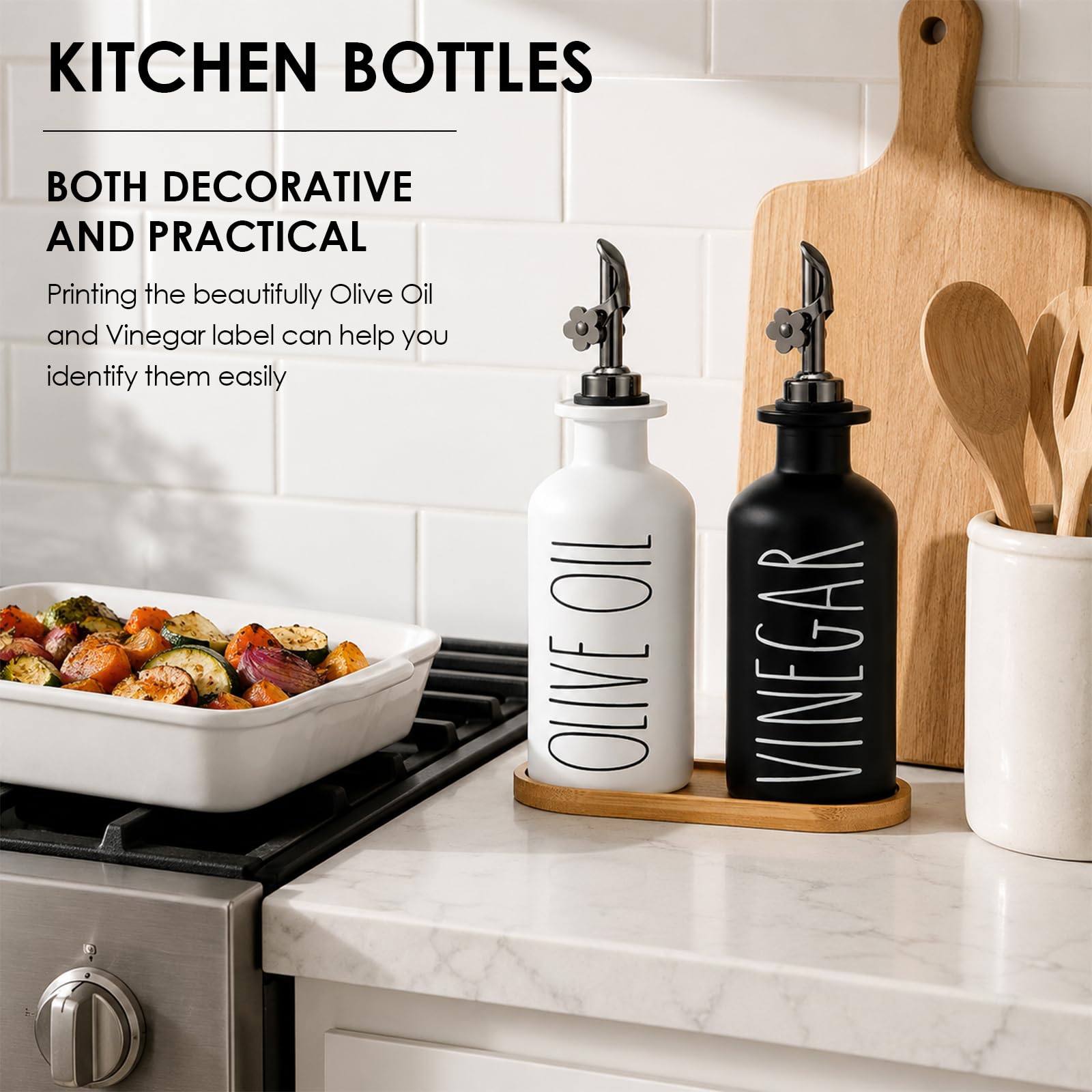 HOMCDALY Premium Olivenölspender für die Küche, Glasölflaschen mit Bambus-Tablett, Öl- und Essig-Menage-Set, Küchenspenderflaschen mit Ausgießer, 335 ml, Schwarz, Weiß, 2 Stück