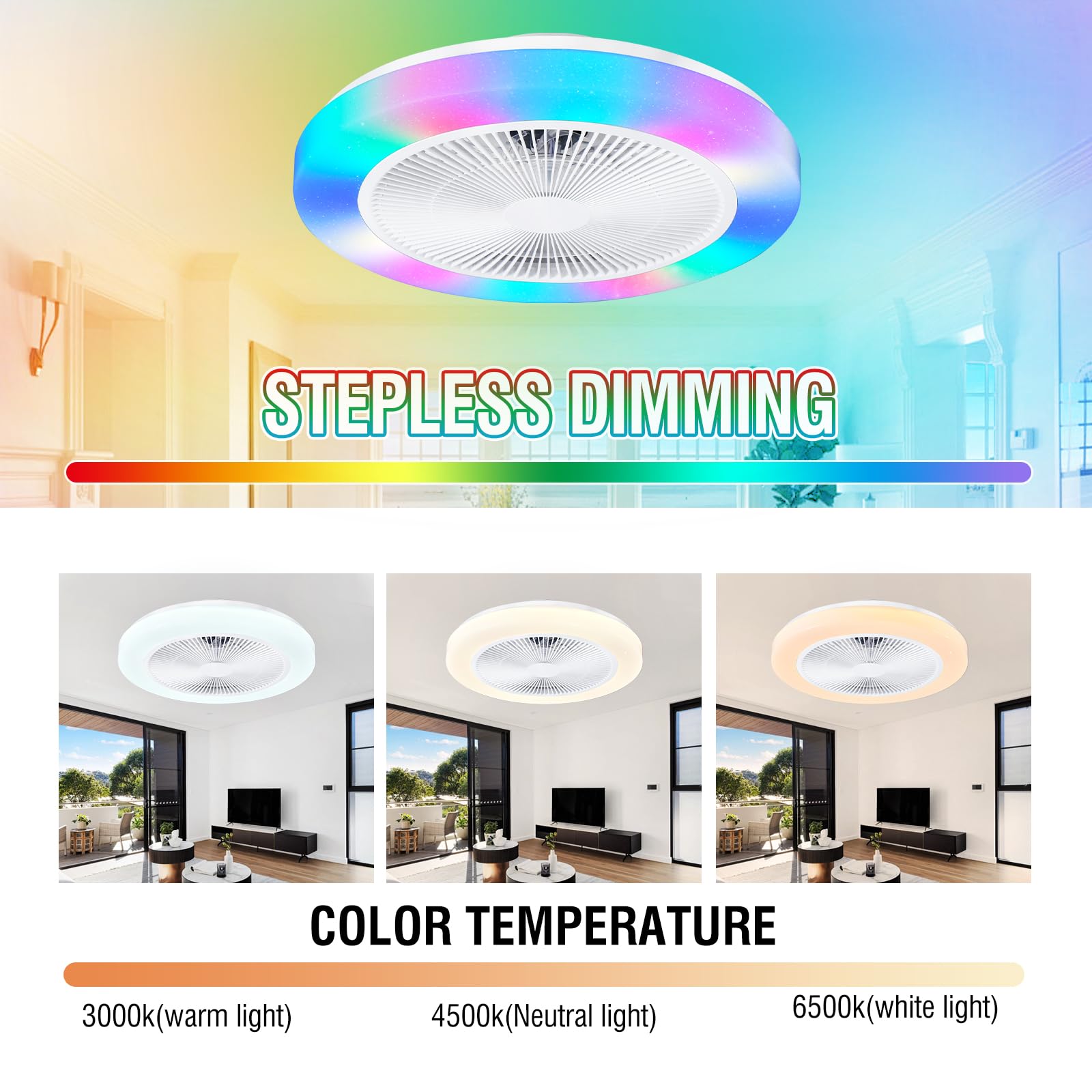 RGB Deckenventilator mit Beleuchtung, Dimmbar Deckenleuchte mit Ventilator Leise, RGB Deckenlampe mit Ventilator Fan mit Fernbedienung,6 Windstufen,3000K-6500K