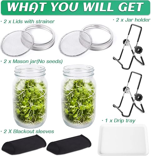 Miniatura 5 de Seed Sprouting Jar Kit with 2 Wide Mouth Mason Jars Bean Sprouts Growing Kit Microgreens Growing Jar with Mesh Screen Lids Sprouter Sprouts Maker
