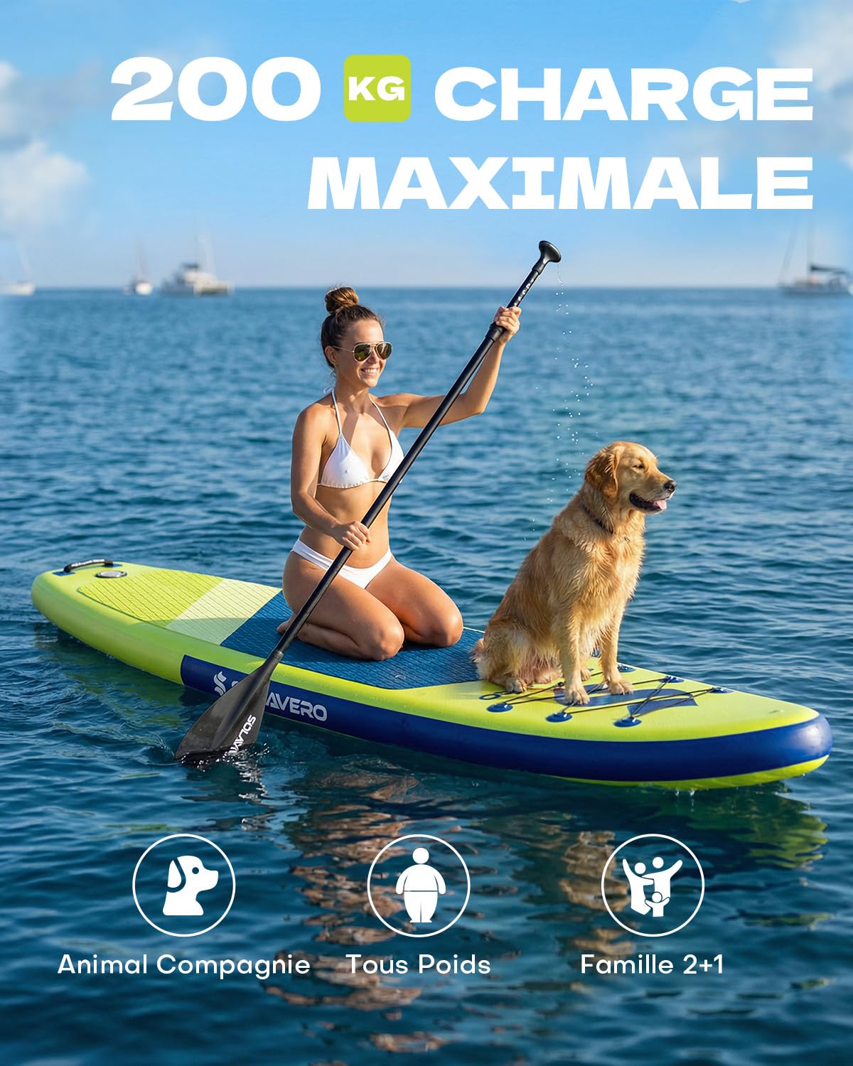 SOLAVERO Paddle Gonflable Adulte 323 x 83 x 15 cm Stand Up Paddle avec Pont EVA Antidérapant, Pagaie Réglable, 3 Aileron, Jusqu'à 200 kg