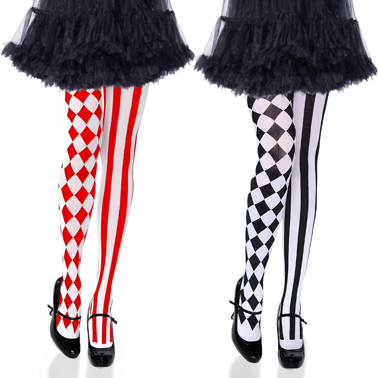 Collants Rayés Femme - 2 Paires Noir/Rouge, Style Cirque - Pour Carnaval, Cosplay