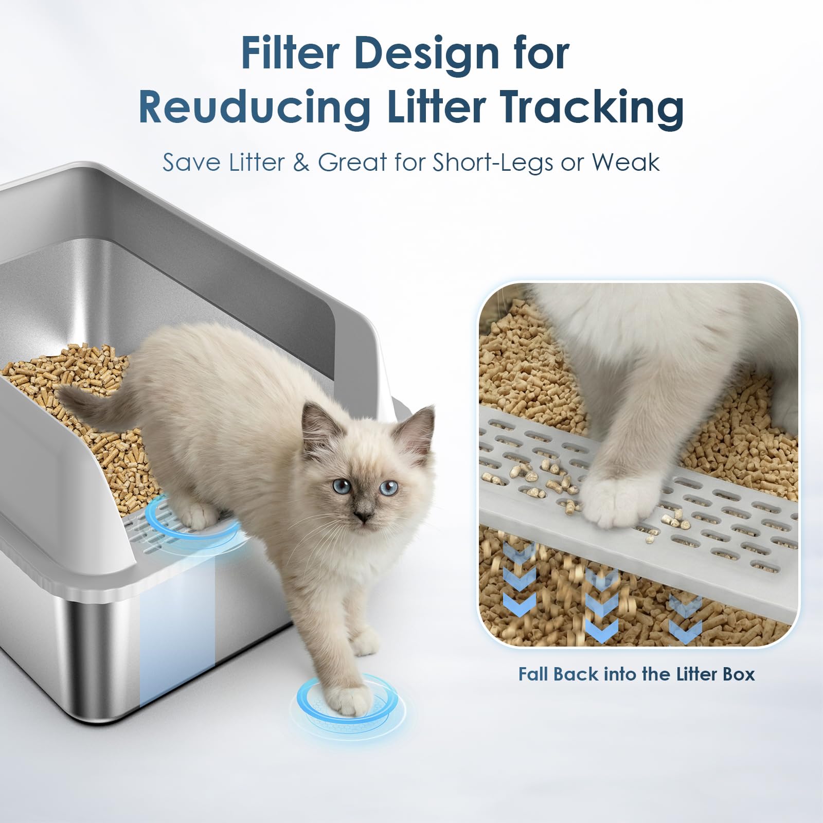 2PK Stainless Steel Litter Box with Lid, High Sided Sifting Litter Boxes for Pine Pellets, 17.3"x13.4"x10.5" Enclosed Metal Litter Box for Small Cats & Multi‑Cat Homes, Anti-Leakage, Easy Cleaning - image 6