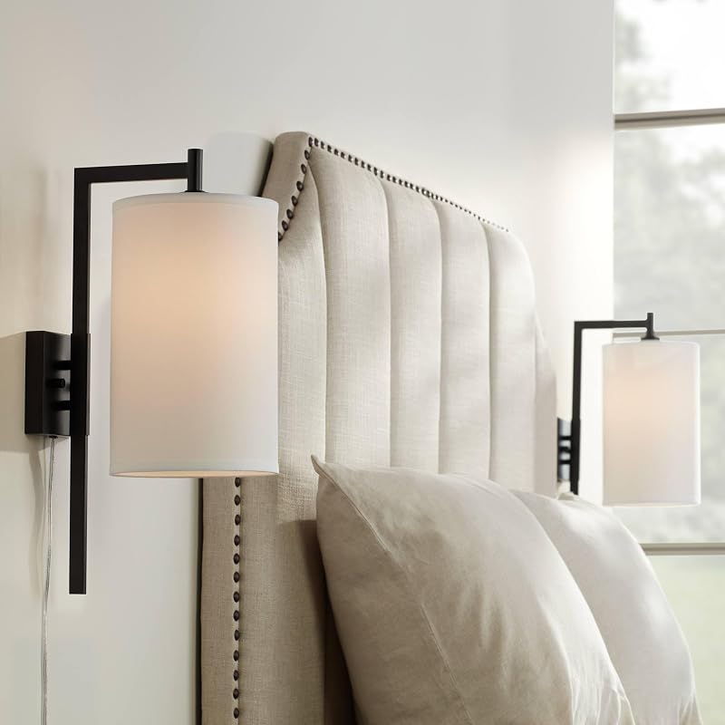 Serrano Black Plug-In Wall Lamps with Smart Socket Set of 2 Light Fixture | Modern Metal White Fabric Drum 8" Shades for Bedroom Bedside Reading Living Family Room Hallway House Home