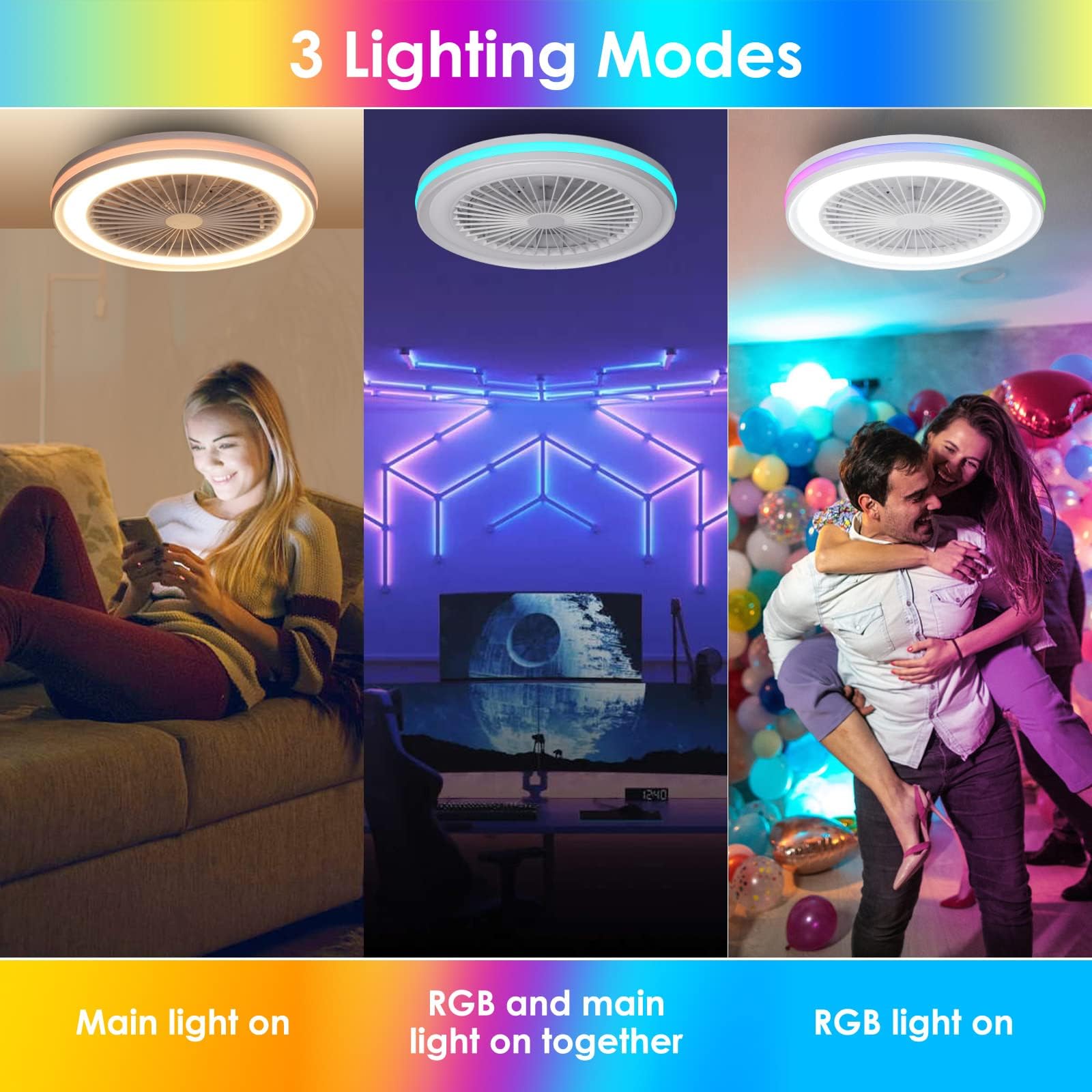 Nowoczesna Wentylator Sufitowy z Lampą, Cichy Silnik DC 20W, LED RGB Lampa Sufitowa z Wentylatorem, 40W 3800LM, Ściemnialna 3000-6000K, 6 Prędkości, Tryb Lato/Zima, Pilot Zdalnego Sterowania i Timer