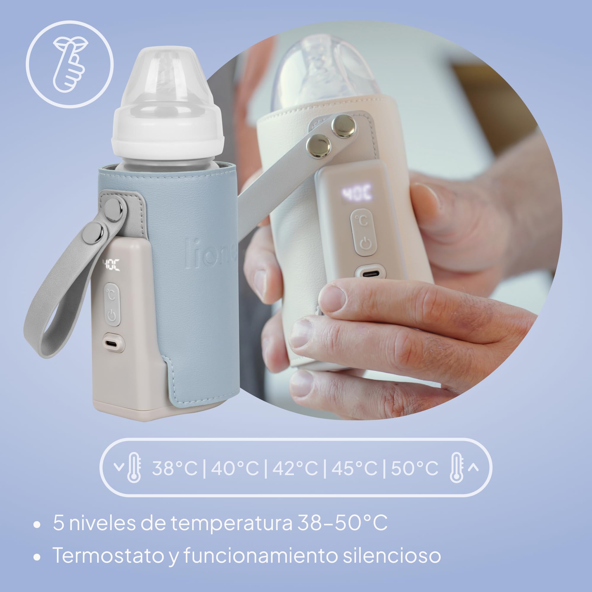 LIONELO Thermup Go Plus Calientabiberones Portátil, Mantiene los Líquidos Calientes, 5 Temperaturas de Funcionamiento de 38 a 50 C, Carga USB, 8h de Funcionamiento Pantalla LCD Silenciosa