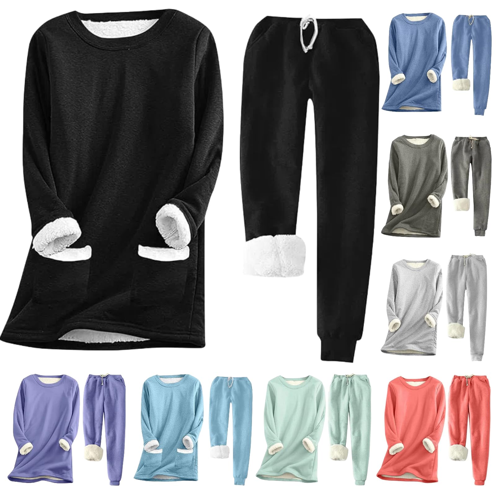 Fleece Pajamas Women Casual Sherpa Lined Set
