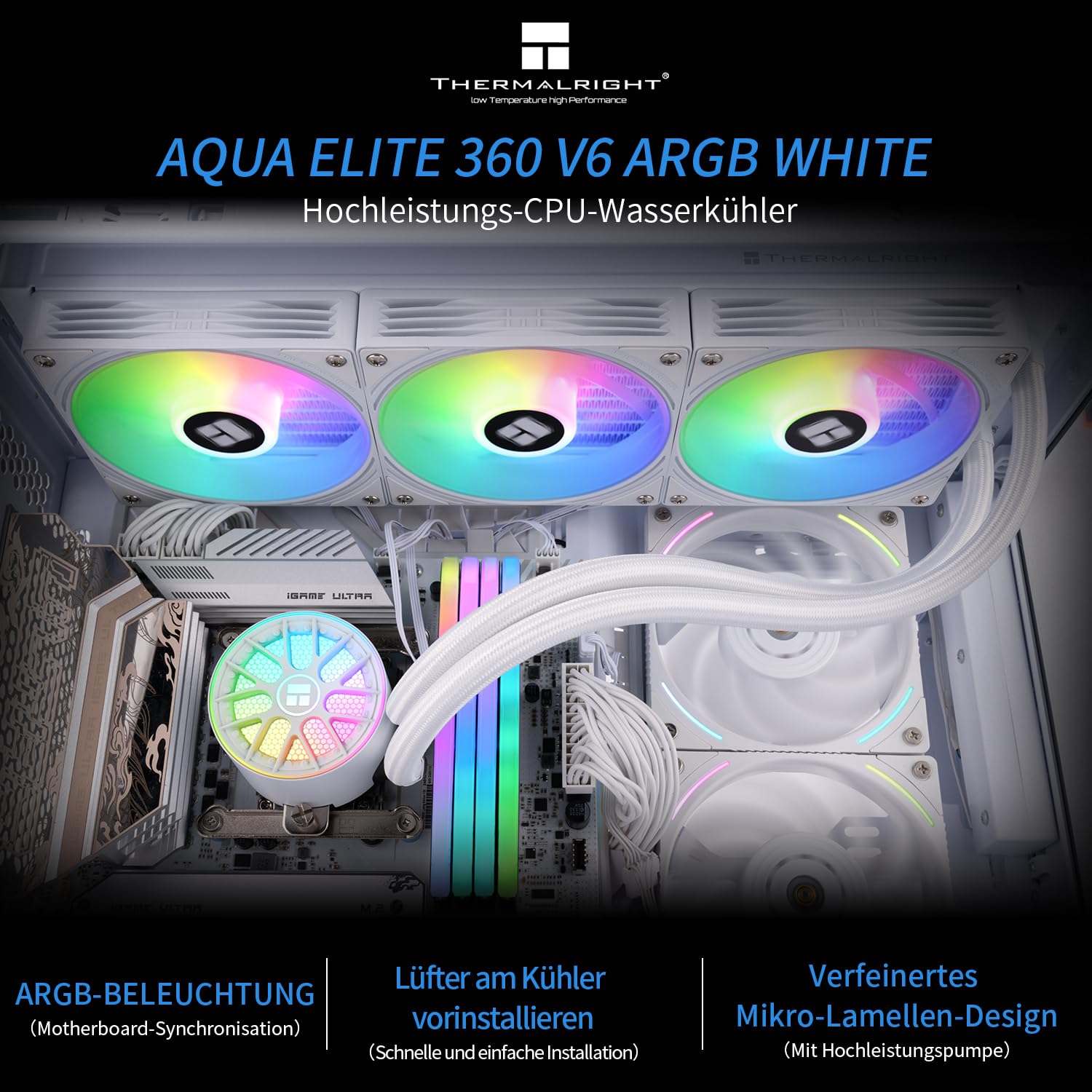 Thermalright AQUA ELITE 360 V6 ARGB White CPU, 360 dimensioni delle file di raffreddamento, 3 radiatori d'acqua da 120 mm, AM4/AM5, Intel LGA115X/1200/1700/1851 AIO