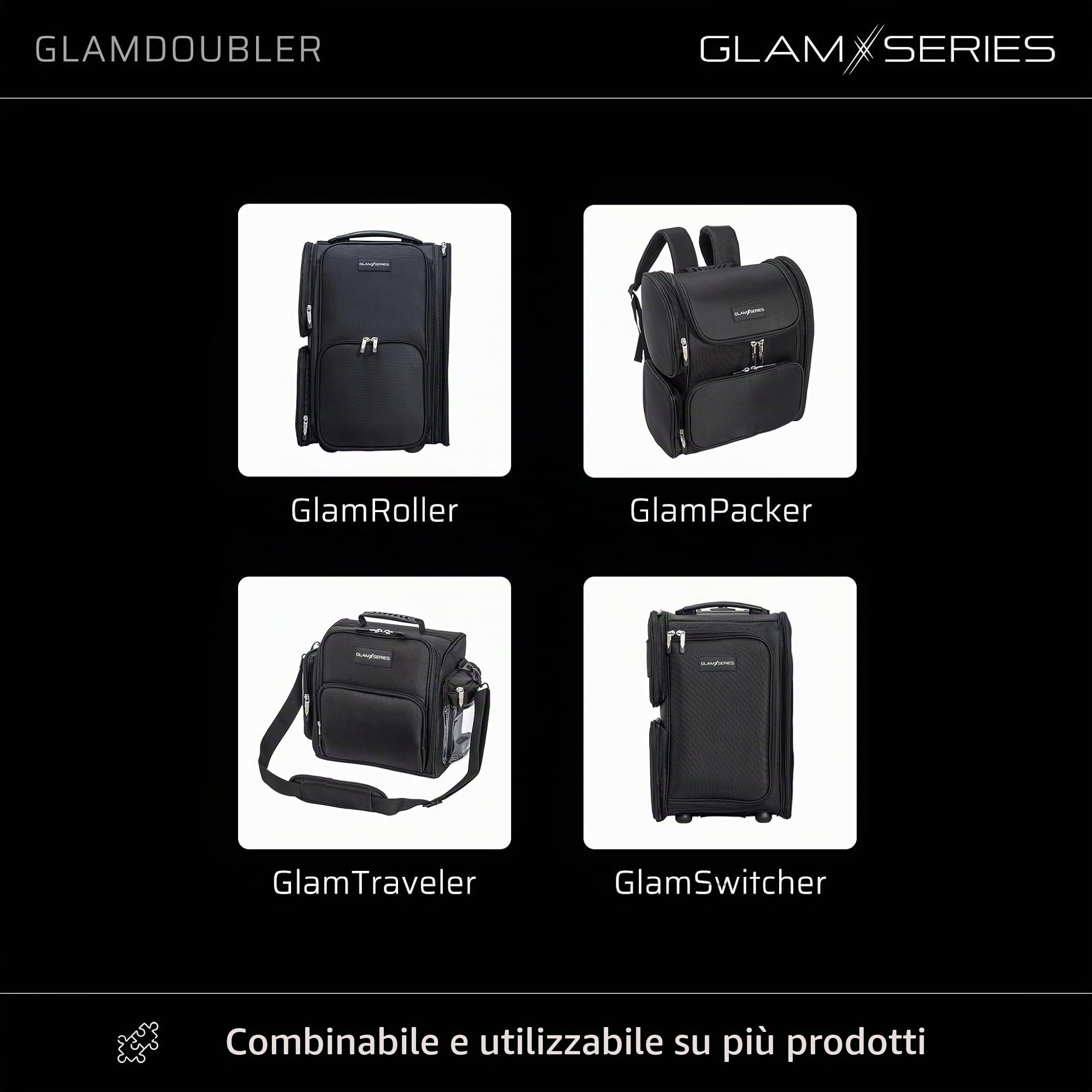 GlamDoubler borsa per trucco 230 x 120 x 100 mm, beauty case per trucchi con 4 scomparti trasparenti